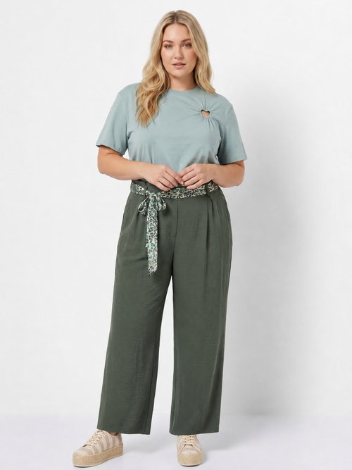 Pantalon taille haute ceinture foulard Femme Grande Taille Vert MA-718-123 SI1