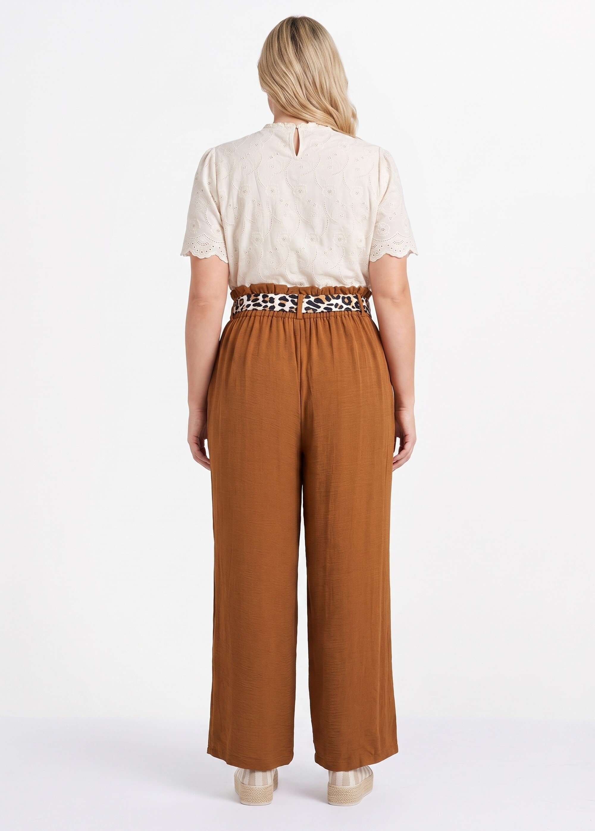 Pantalon taille haute ceinture foulard Femme Grande Taille Marron MA-718-123 DO1