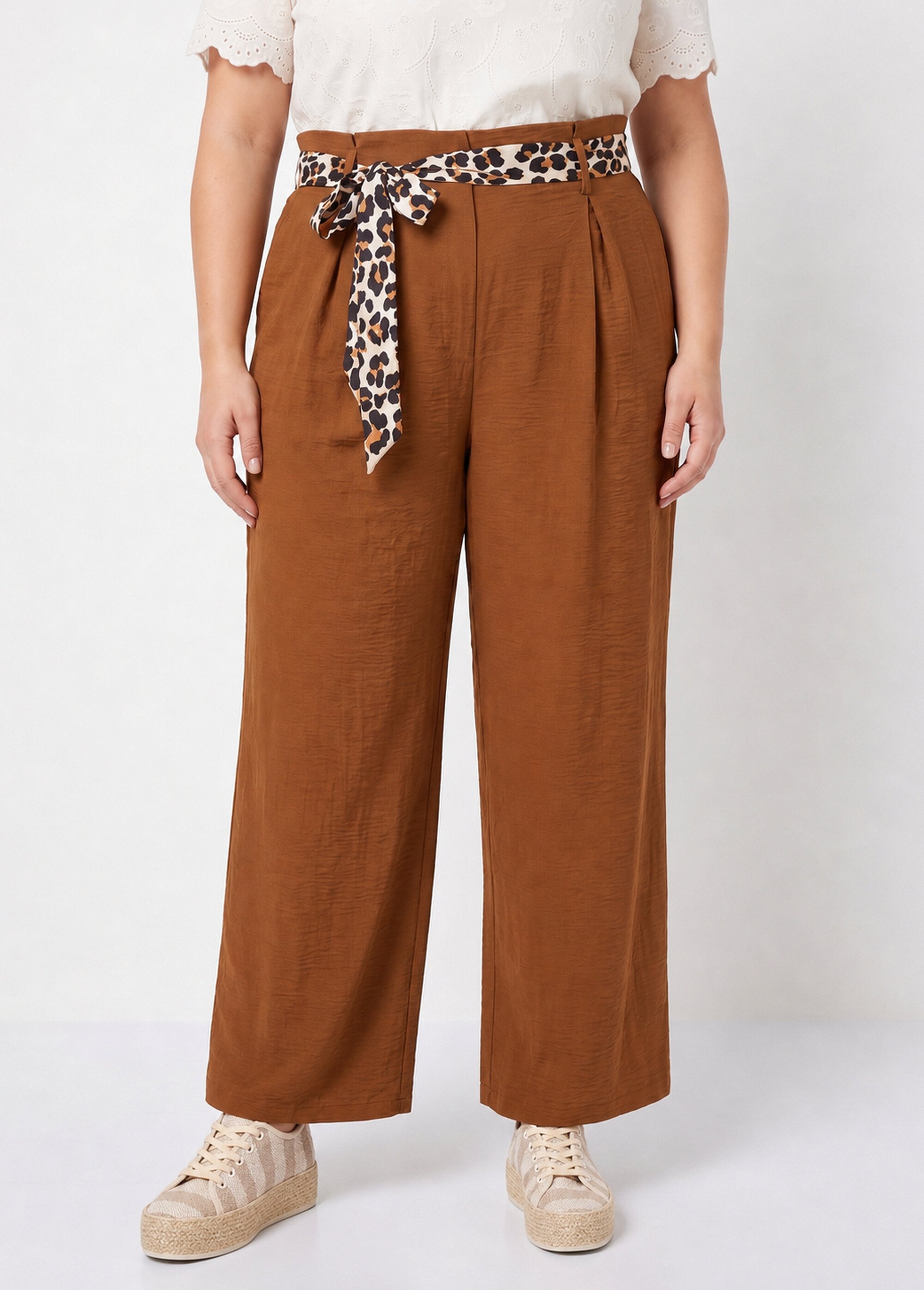 Pantalon taille haute ceinture foulard Femme Grande Taille Marron MA-718-123 FA1
