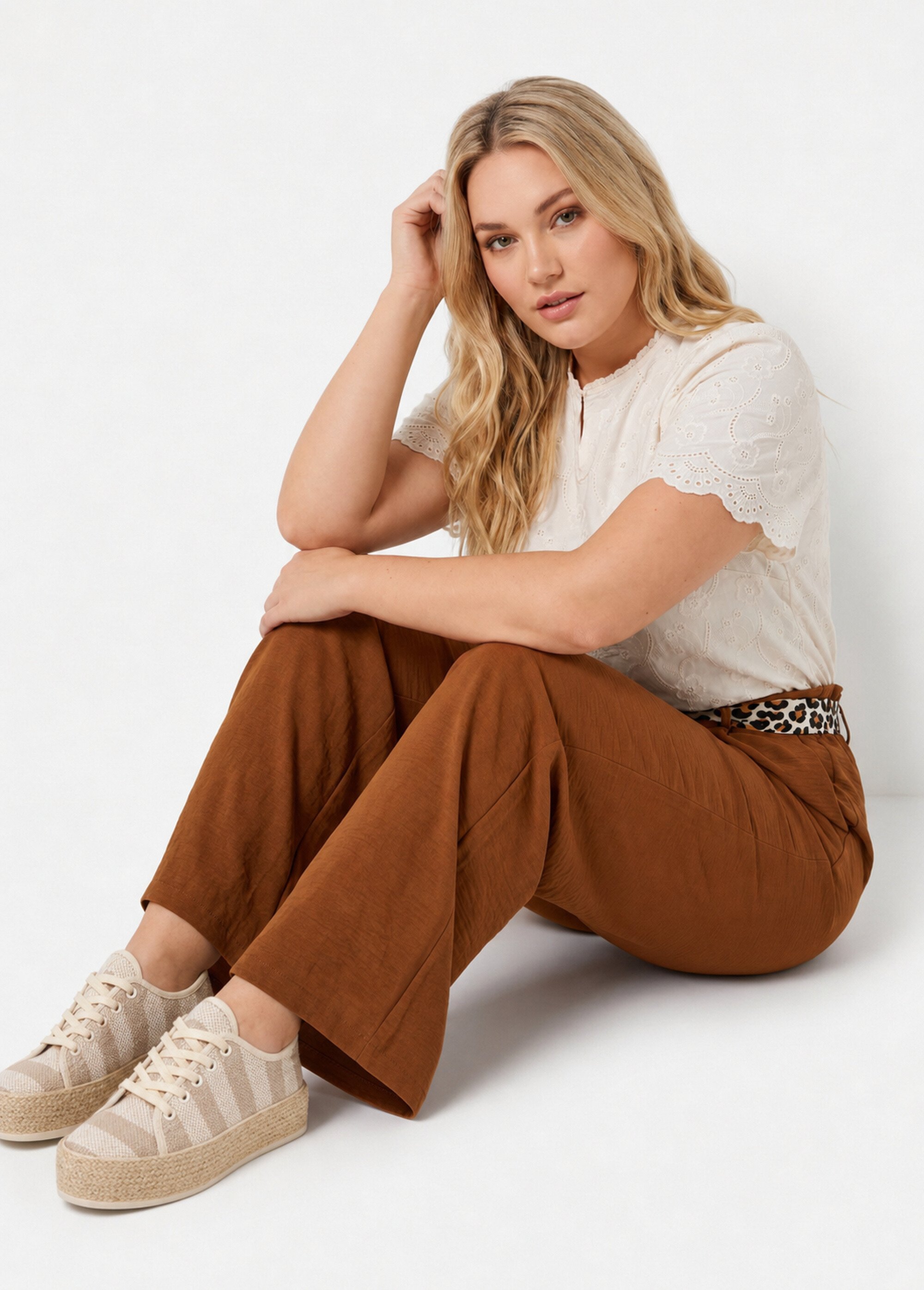 Pantalon taille haute ceinture foulard Femme Grande Taille Marron MA-718-123 MV1