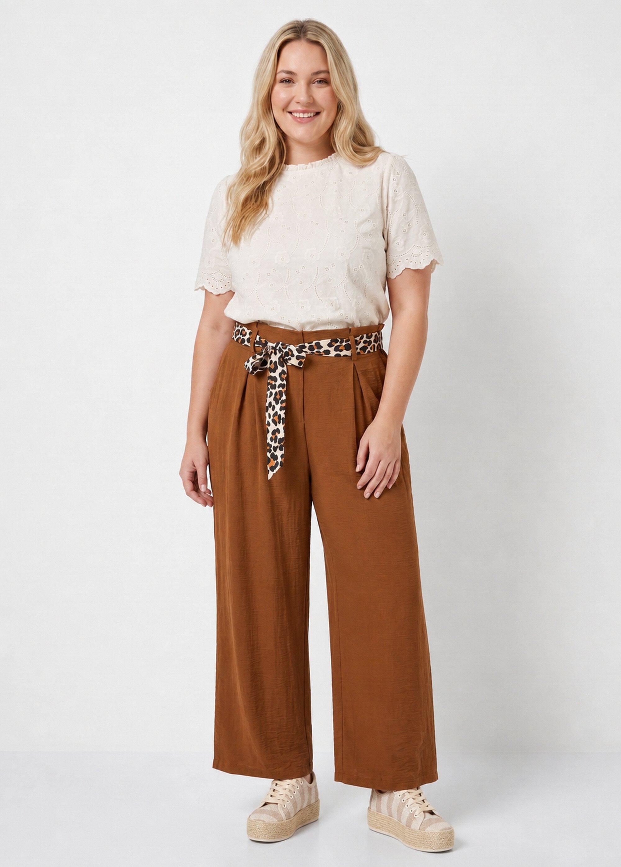Pantalon taille haute ceinture foulard Femme Grande Taille Marron MA-718-123 SI1