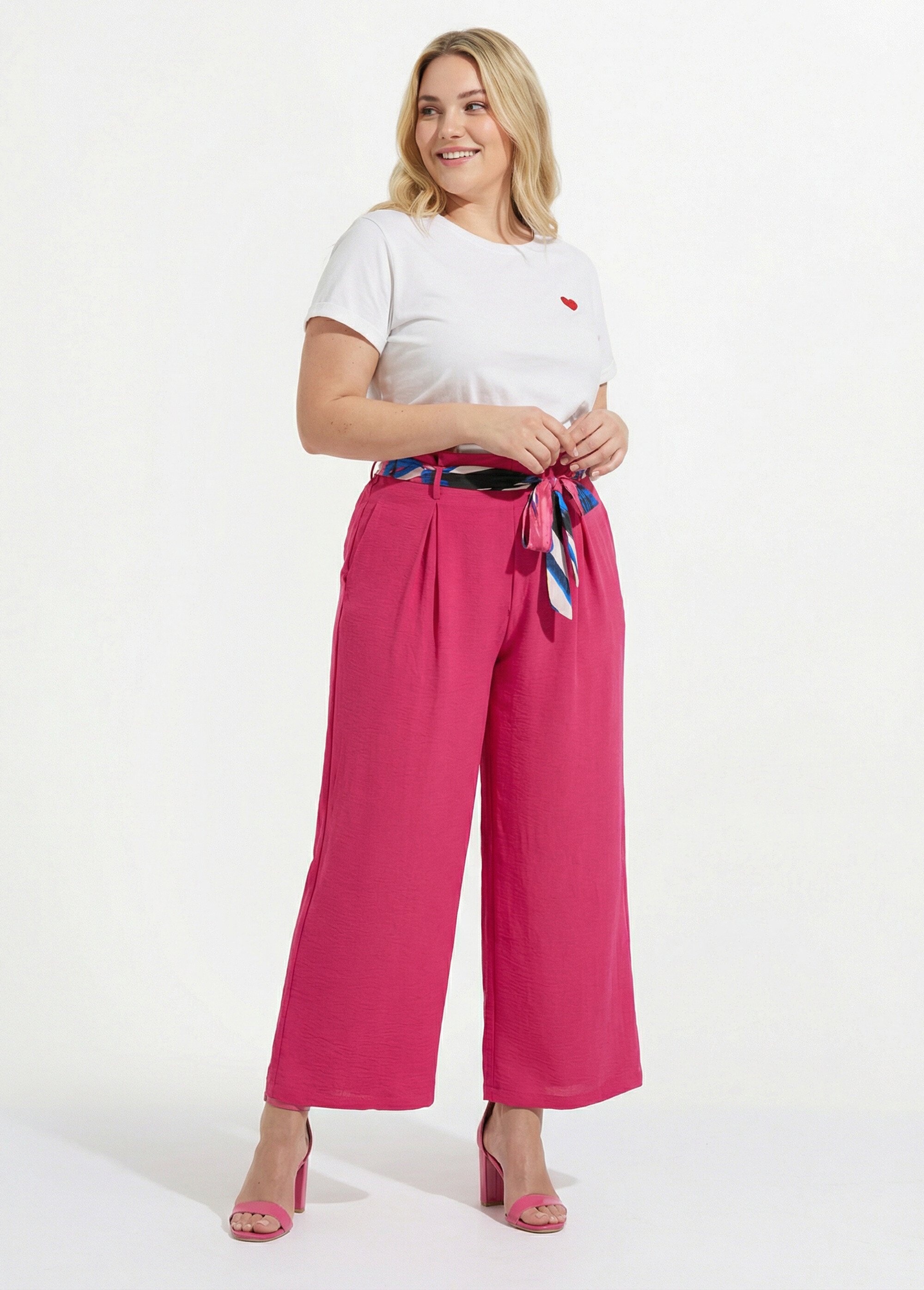 Pantalon taille haute ceinture foulard Femme Grande Taille Rose MA-718-123 MV1