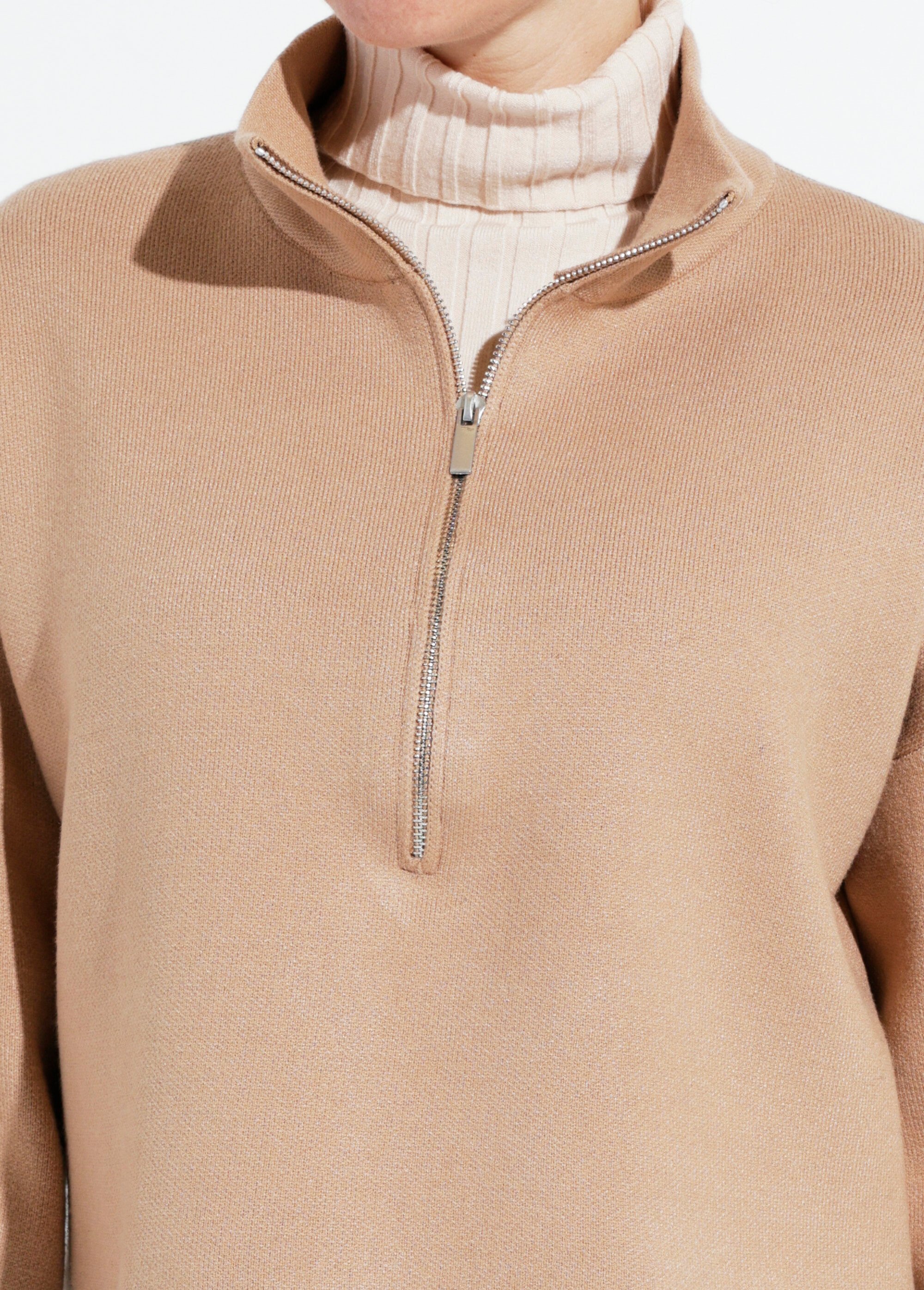 Pull court avec col montant zippé Femme Marron IA-AR898 DE1