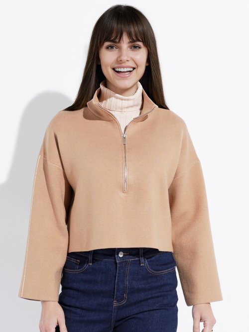 Pull court avec col montant zippé Femme Marron IA-AR898 FA1