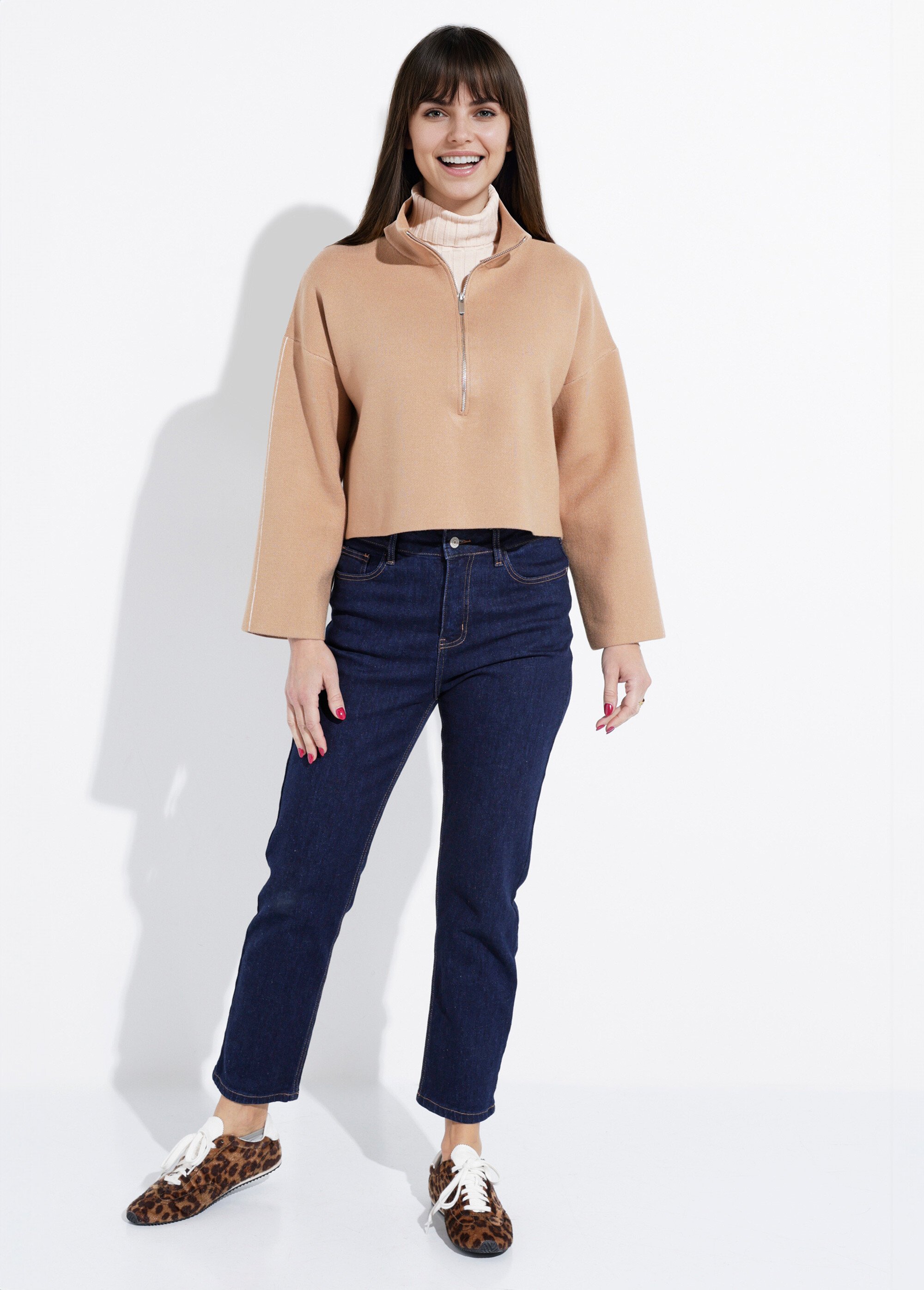 Pull court avec col montant zippé Femme Marron IA-AR898 SF1