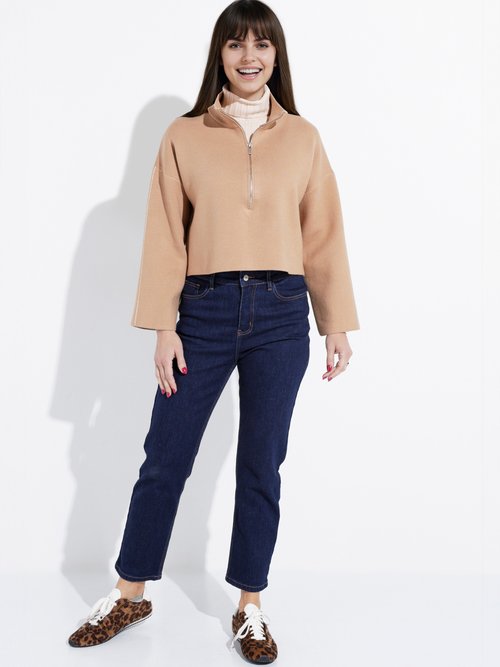 Pull court avec col montant zippé Femme Marron IA-AR898 SF1