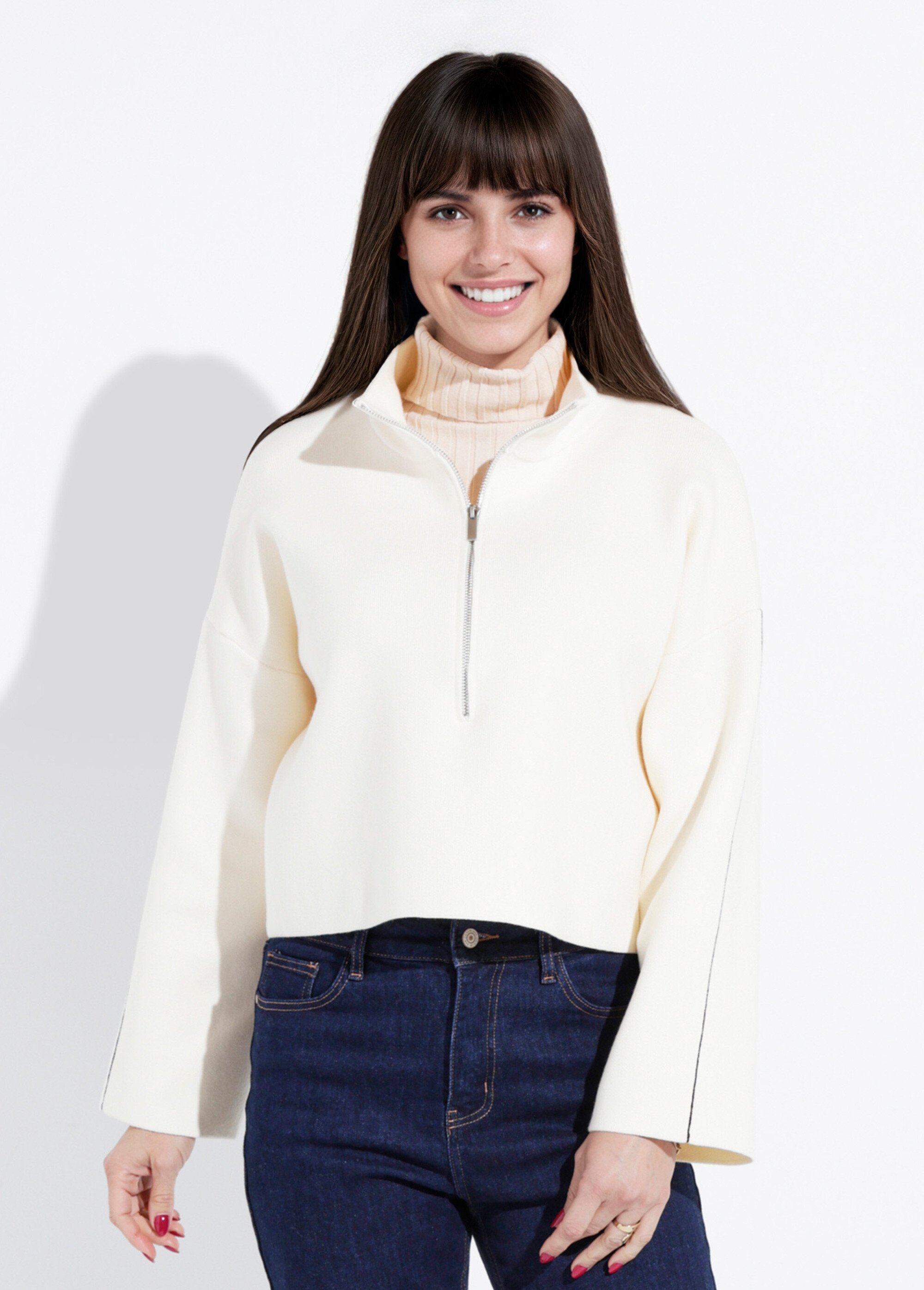 Pull court avec col montant zippé Femme Beige IA-AR898 FA1