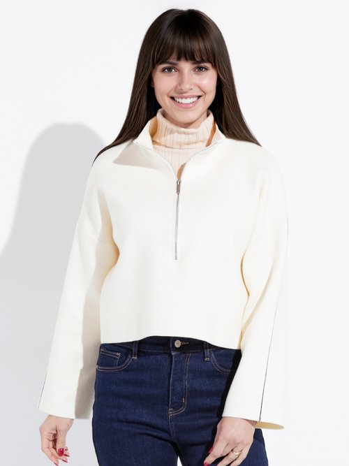 Pull court avec col montant zippé Femme Beige IA-AR898 FA1