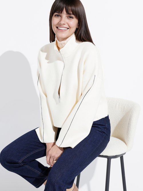 Pull court avec col montant zippé Femme Beige IA-AR898 MV1