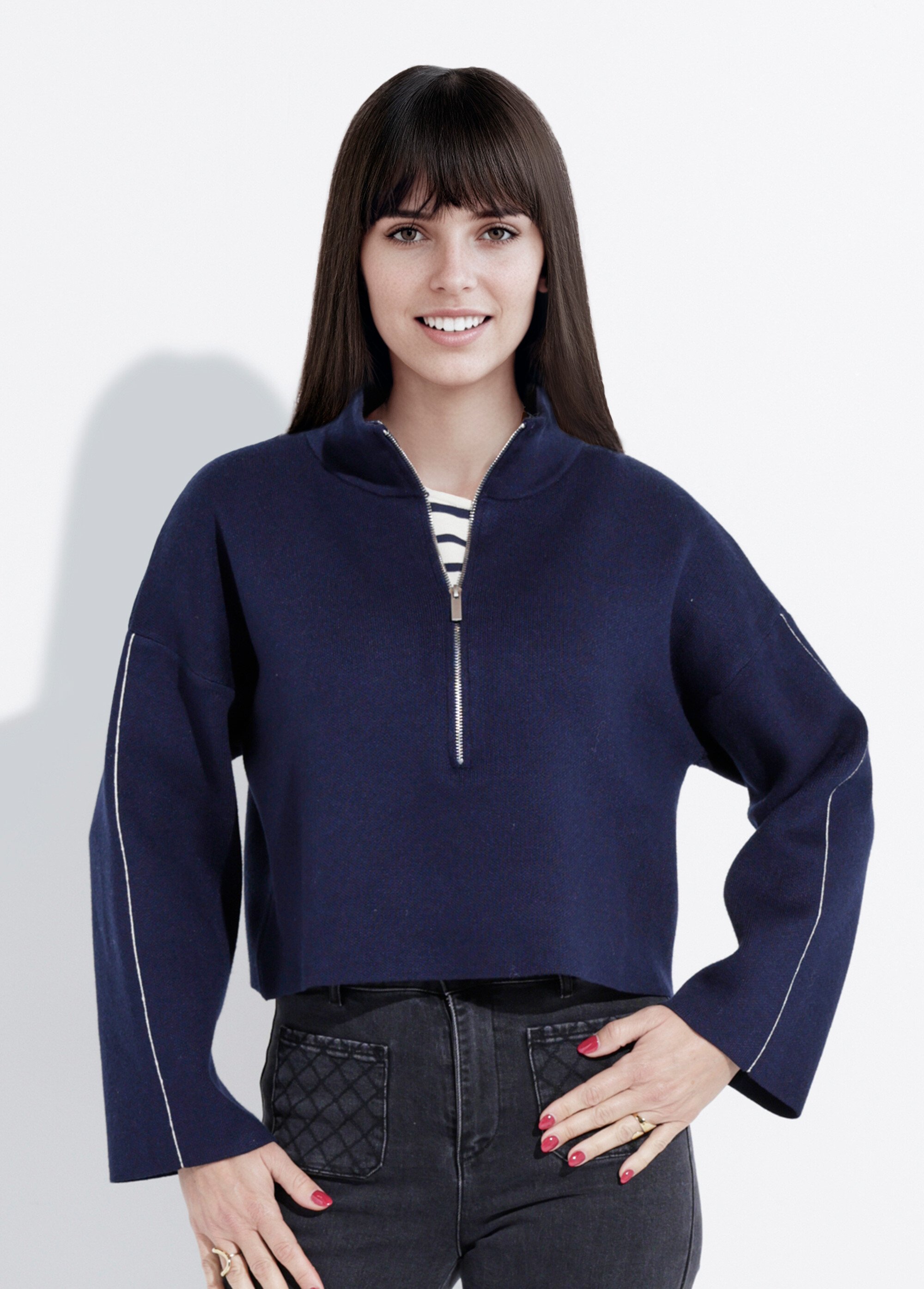 Pull court avec col montant zippé Femme Bleu IA-AR898 FA1