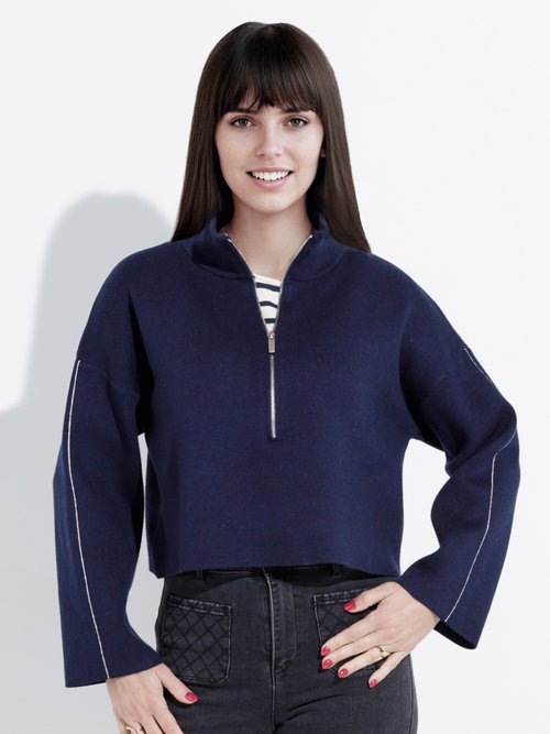 Pull court avec col montant zippé Femme Bleu IA-AR898 FA1