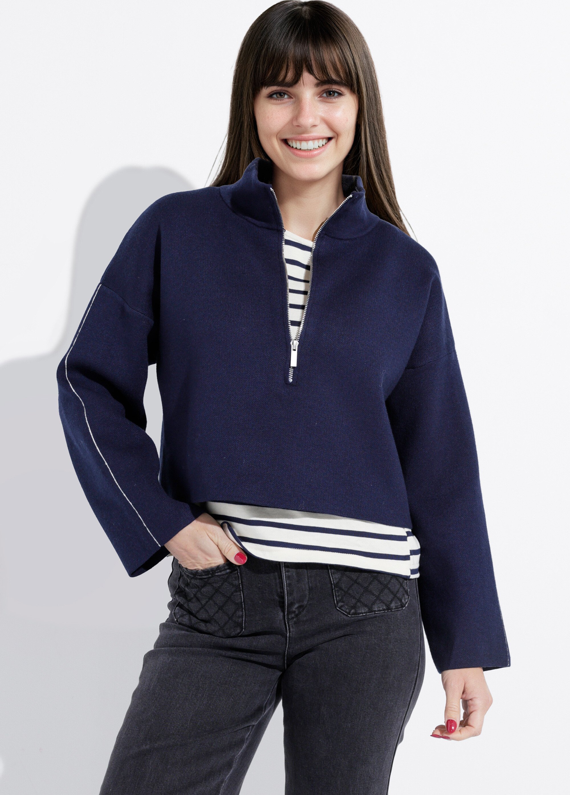 Pull court avec col montant zippé Femme Bleu IA-AR898 MV1