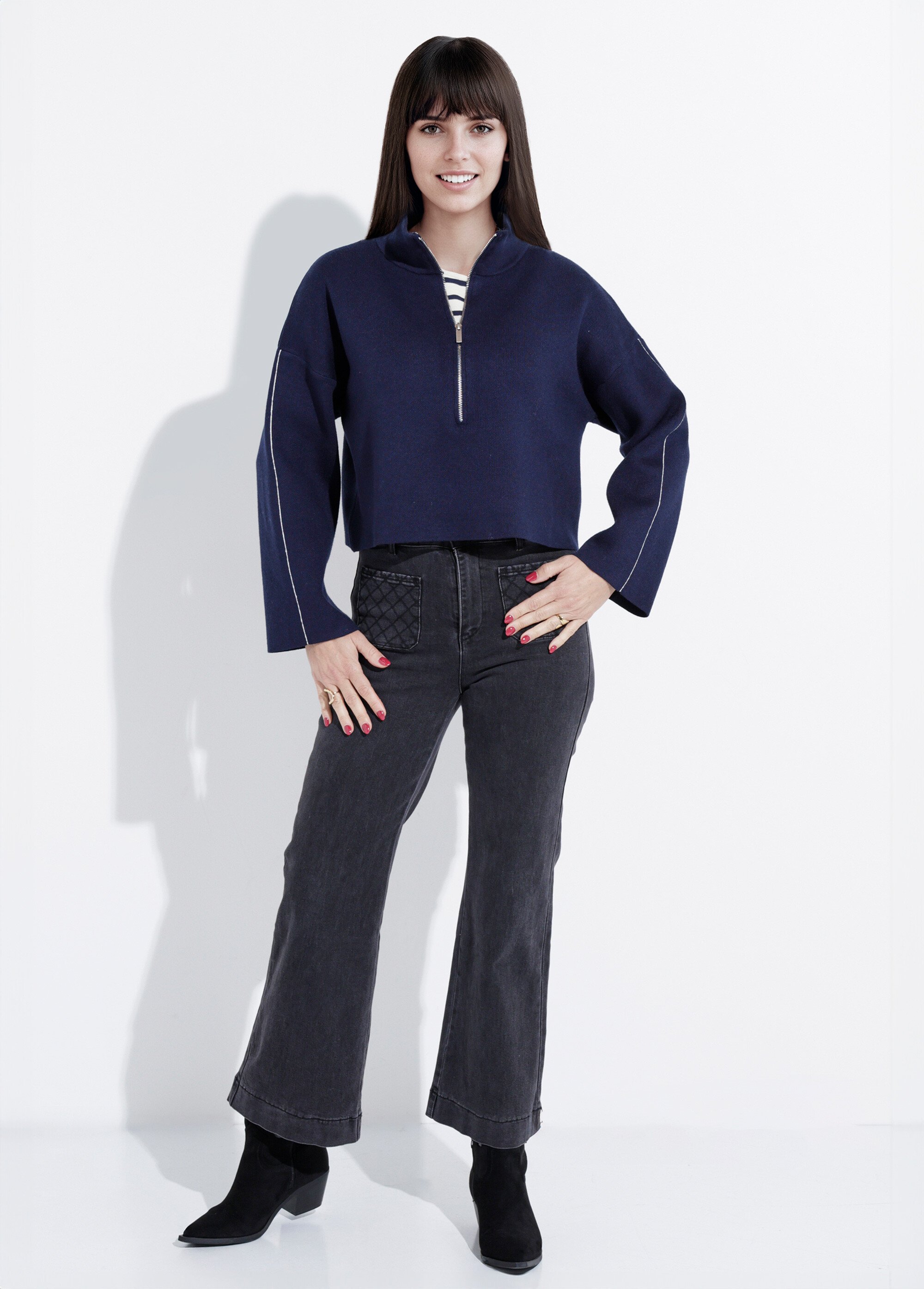 Pull court avec col montant zippé Femme Bleu IA-AR898 SF1