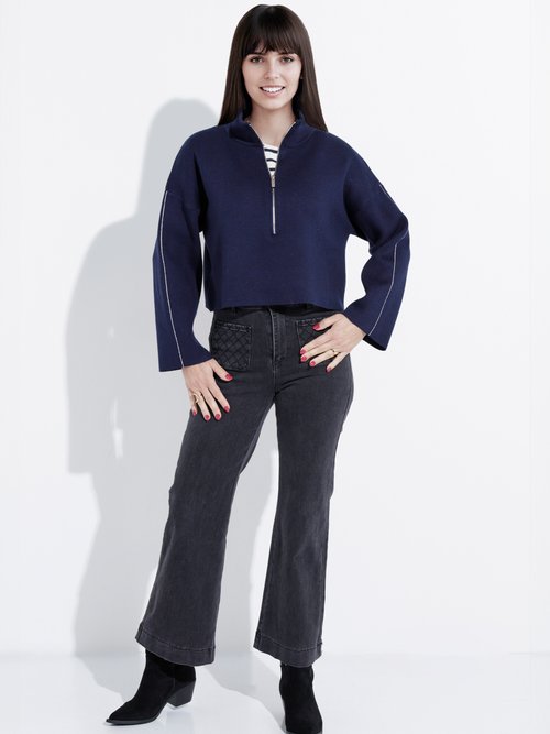 Pull court avec col montant zippé Femme Bleu IA-AR898 SF1