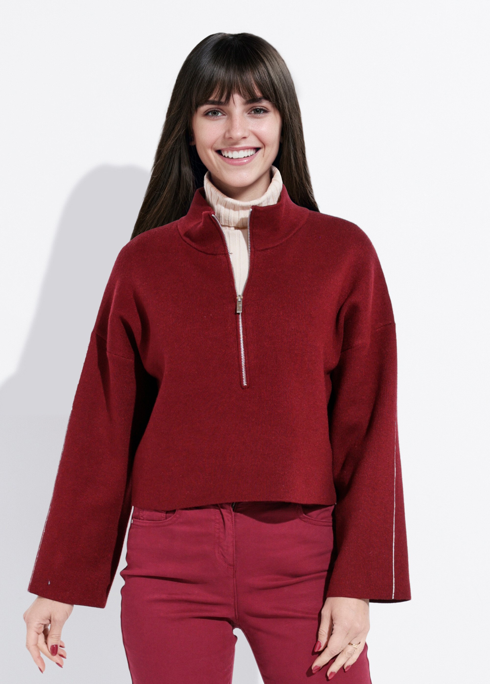 Pull court avec col montant zippé Femme Rouge IA-AR898 FA1