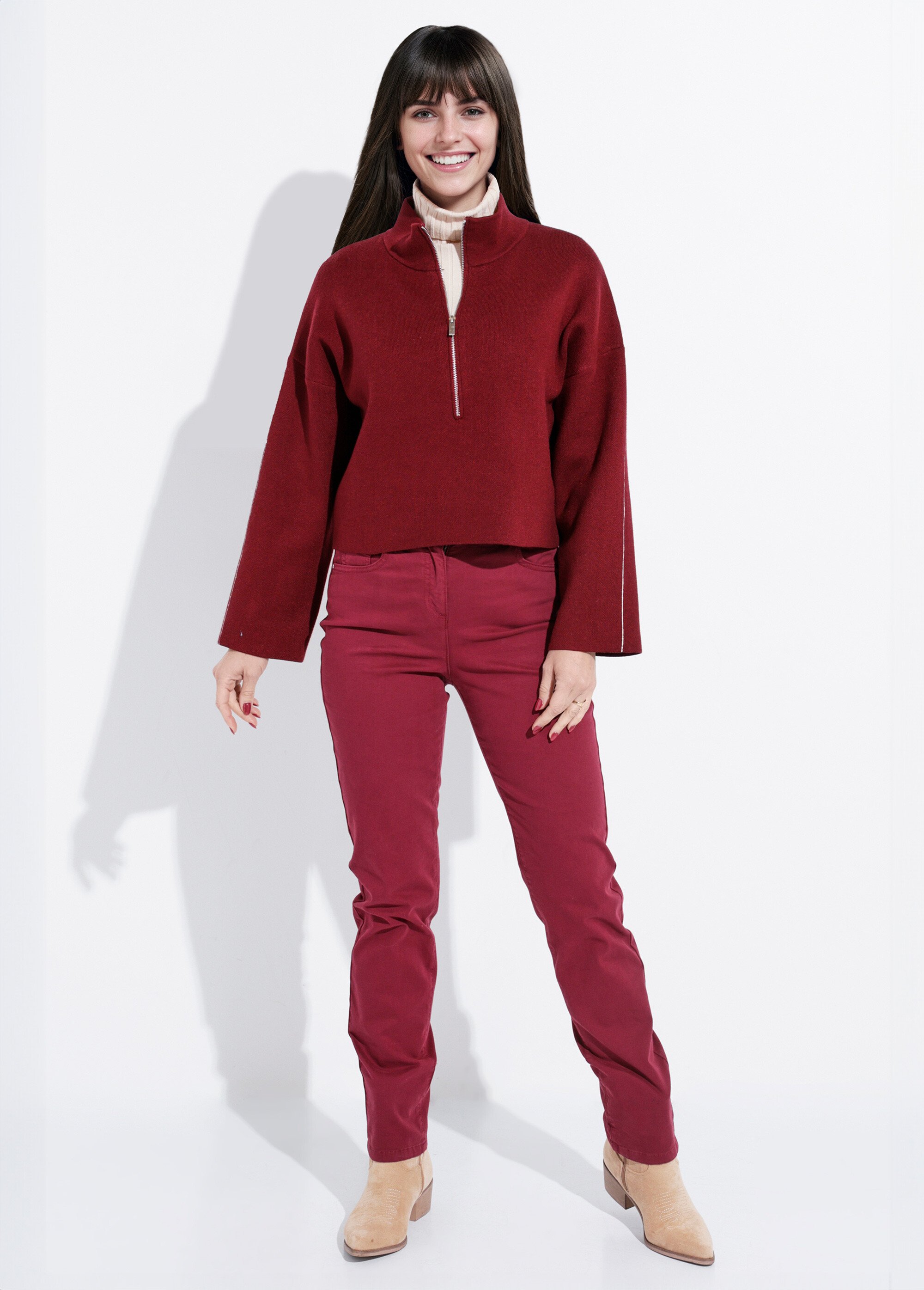 Pull court avec col montant zippé Femme Rouge IA-AR898 SF1