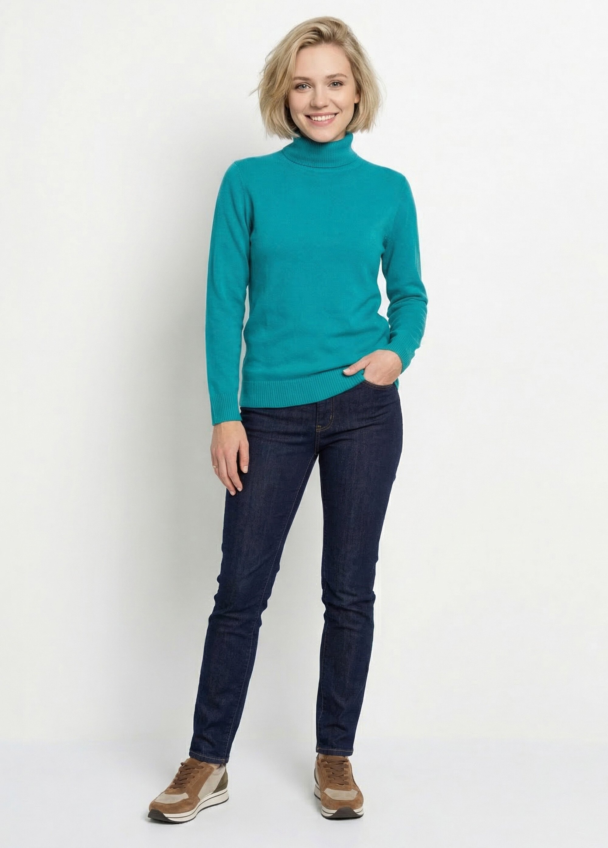 Pull doux col roulé manches longues Femme Vert PANTHEON SI1