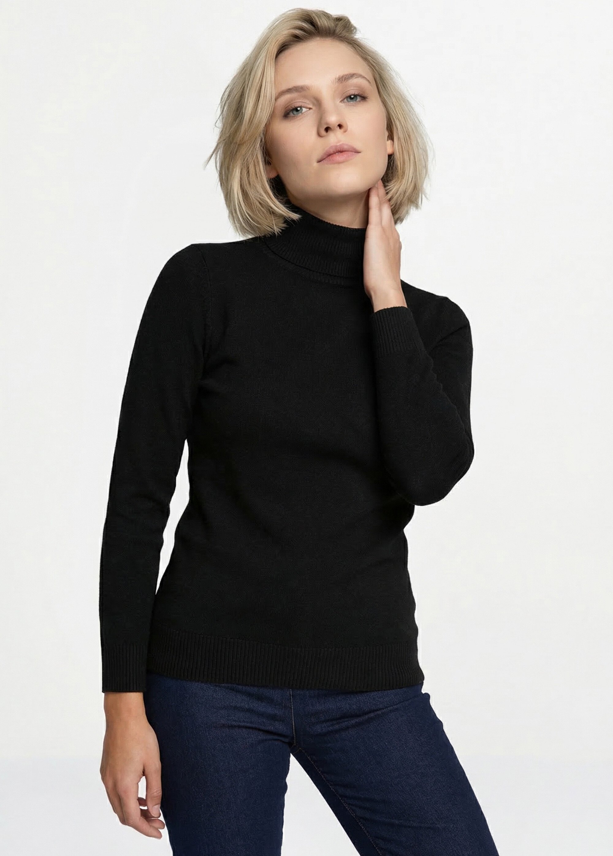 Pull doux col roulé manches longues Femme Noir PANTHEON MV1