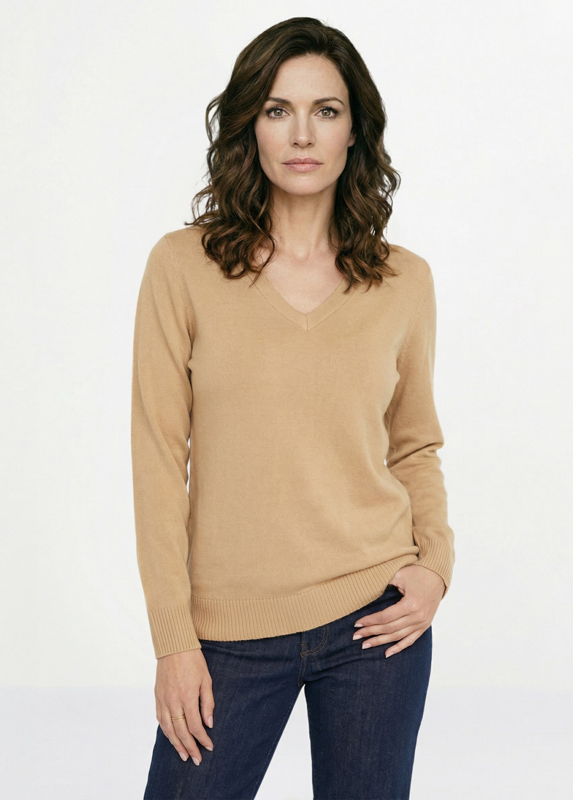 Pull doux col V manches longues Femme Marron PARMELIE FA1