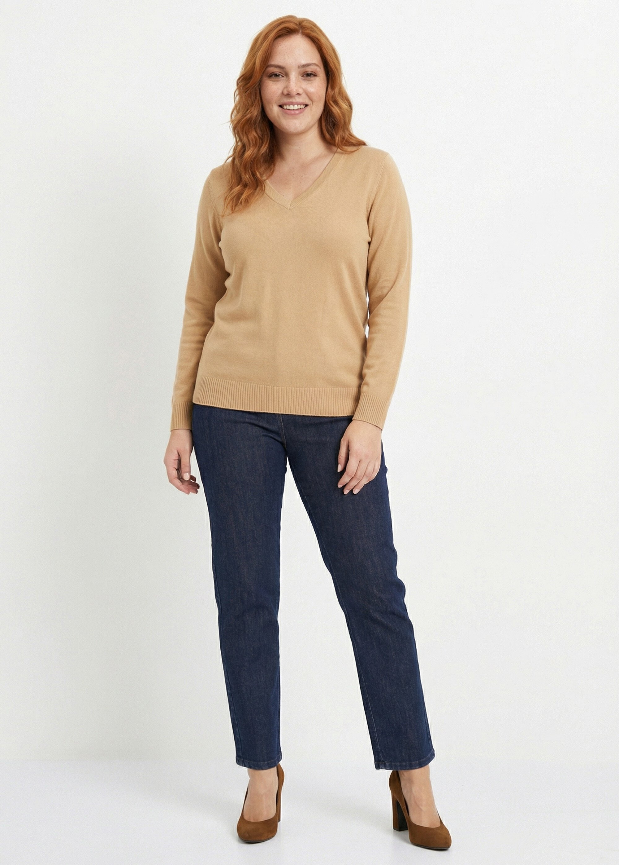 Pull doux col V manches longues Femme Grande Taille Marron PARMELIE SI1