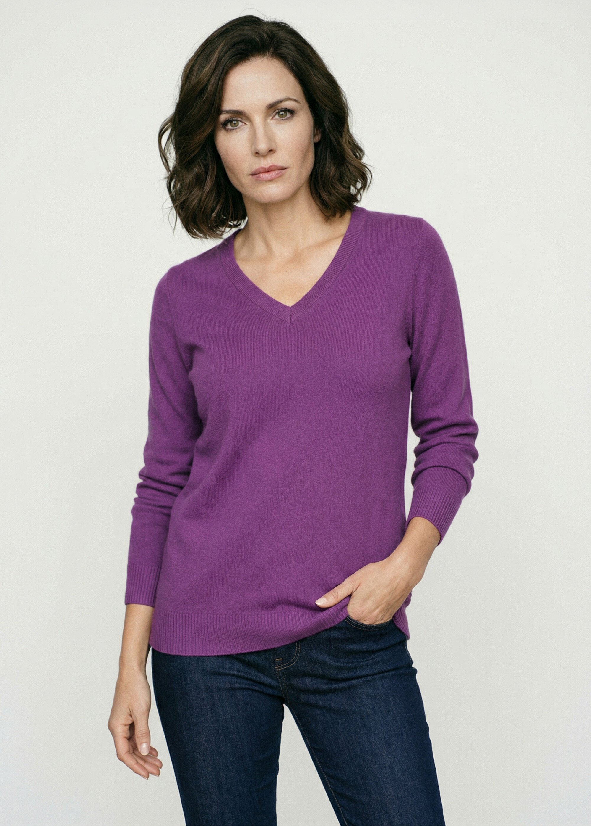Pull doux col V manches longues Femme Violet PARMELIE FA1