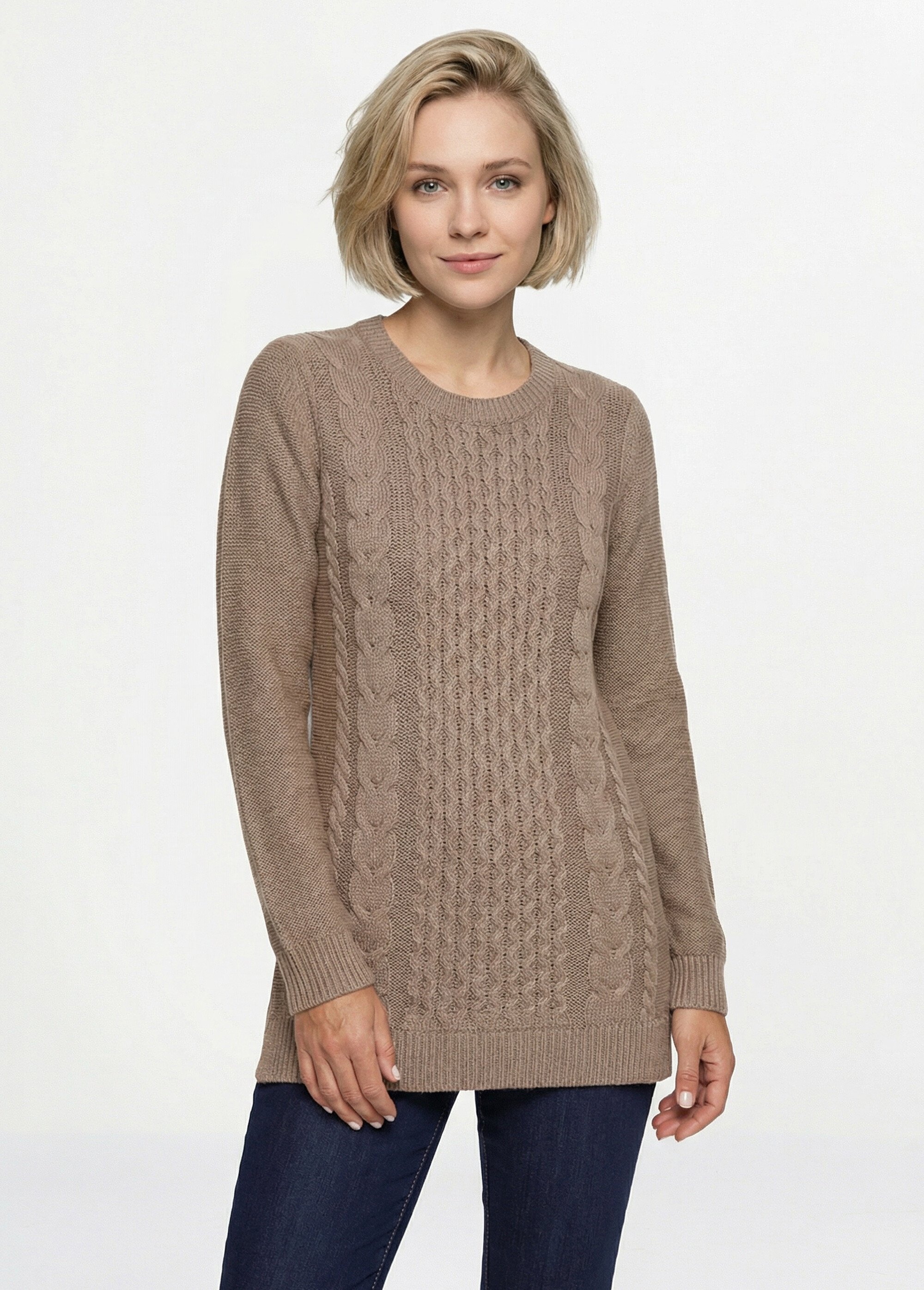 Pull-tunique jersey envers et torsades Femme Marron PALTO FA1