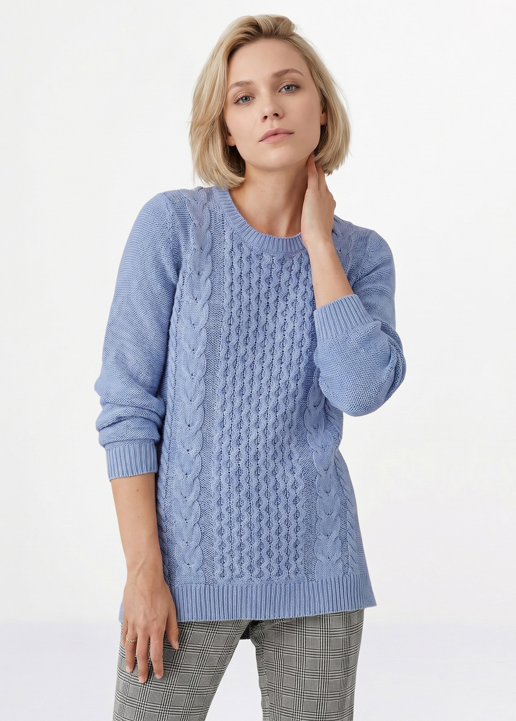 Pull-tunique jersey envers et torsades Femme Bleu PALTO MV1