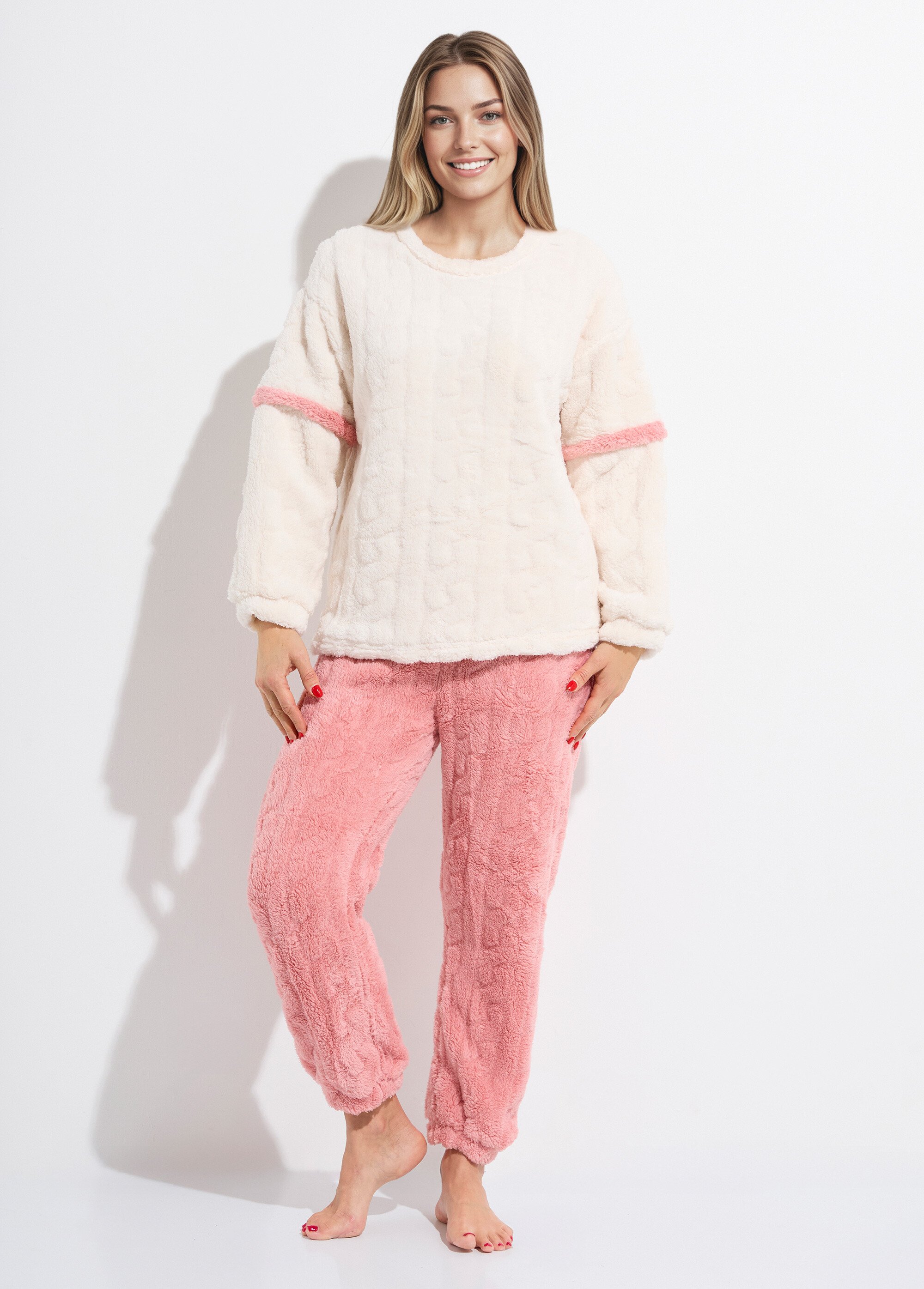 Pyjama 2 pièces polaire, motif cotelé Femme Rose LIL7849 FA1