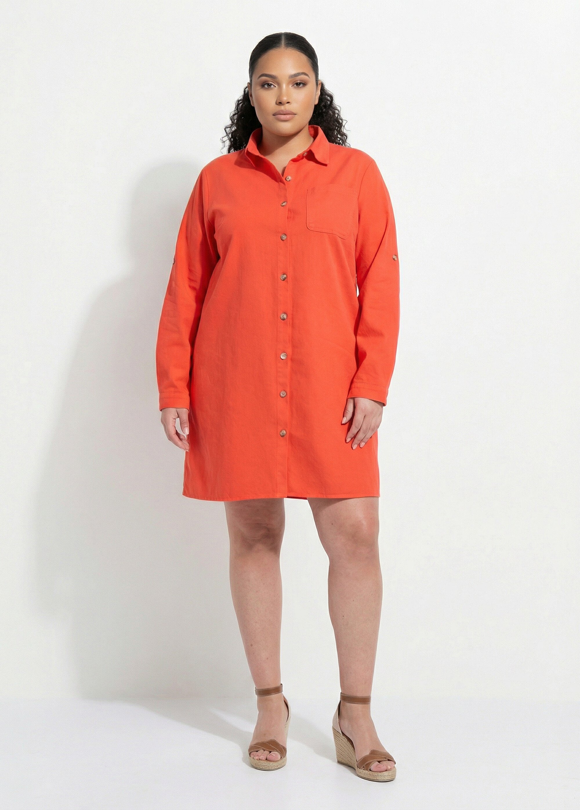 Robe chemisier en twill, manches longues Femme Grande Taille Orange MA-M975-2255 FA1