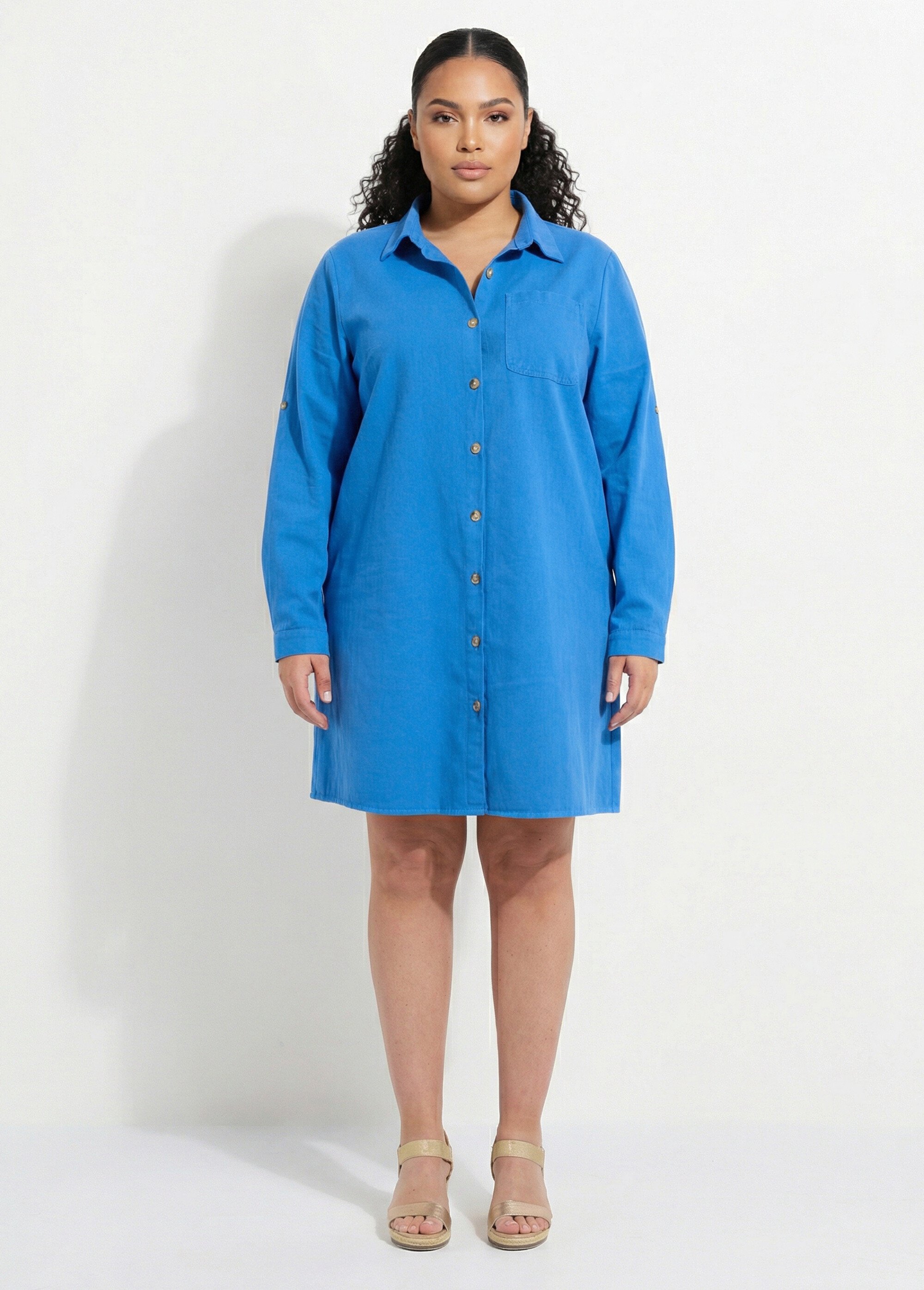 Robe chemisier en twill, manches longues Femme Grande Taille Bleu MA-M975-2255 FA1