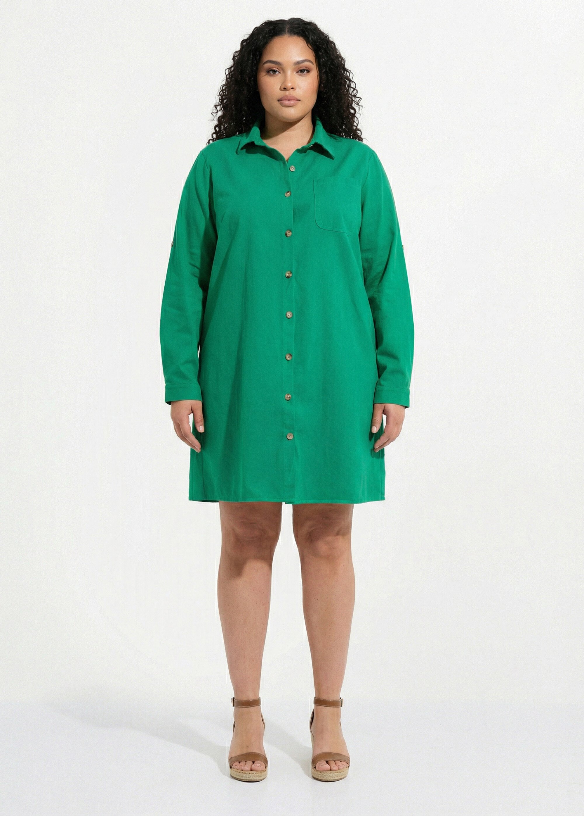 Robe chemisier en twill, manches longues Femme Grande Taille Vert MA-M975-2255 FA1