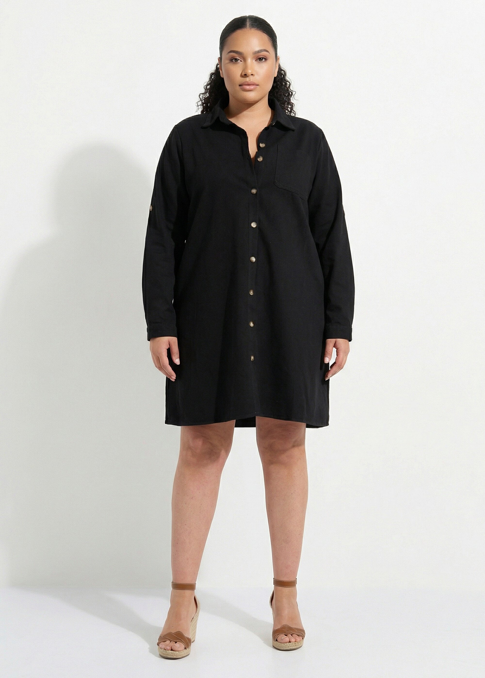 Robe chemisier en twill, manches longues Femme Grande Taille Noir MA-M975-2255 FA1