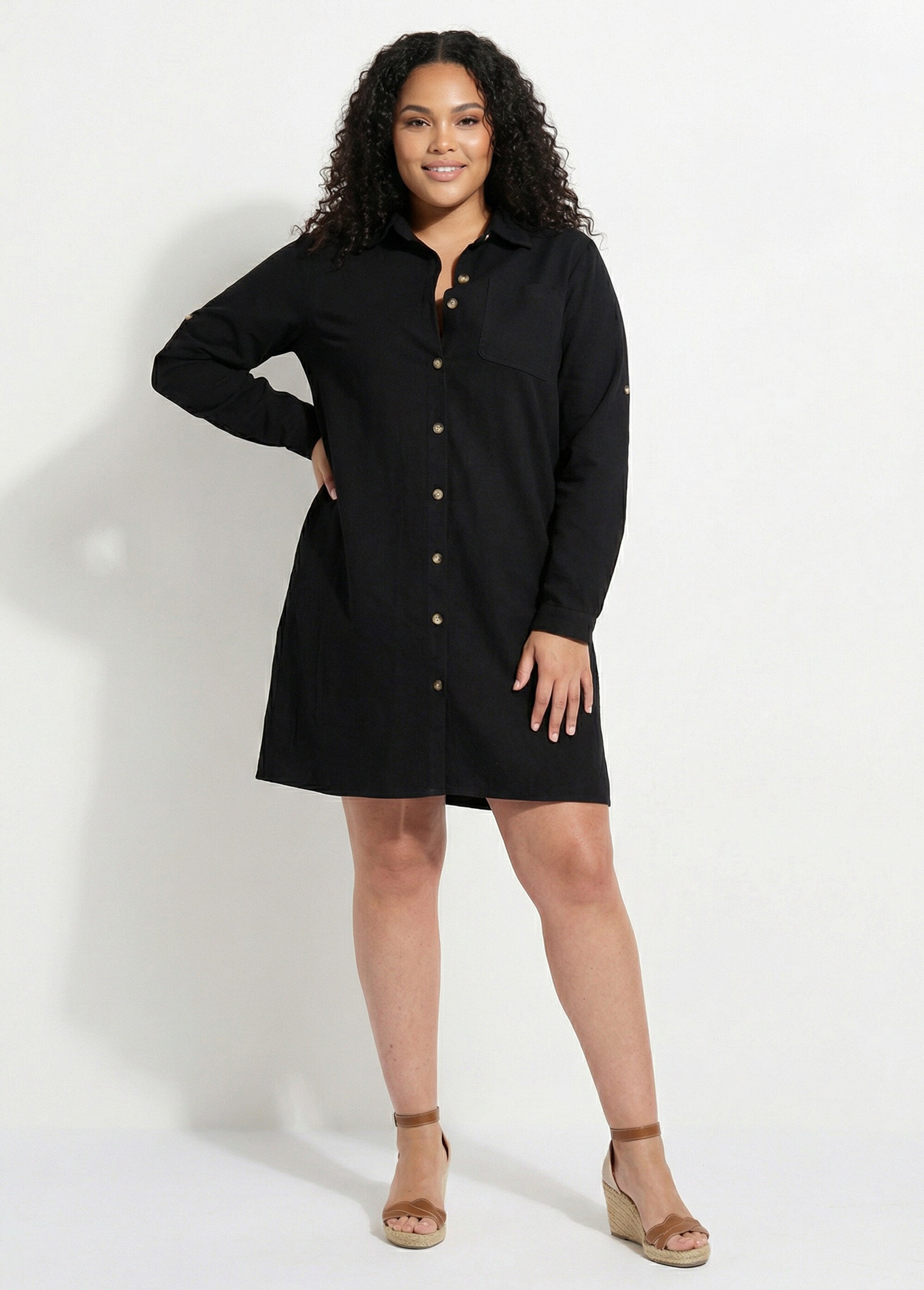 Robe chemisier en twill, manches longues Femme Grande Taille Noir MA-M975-2255 MV1
