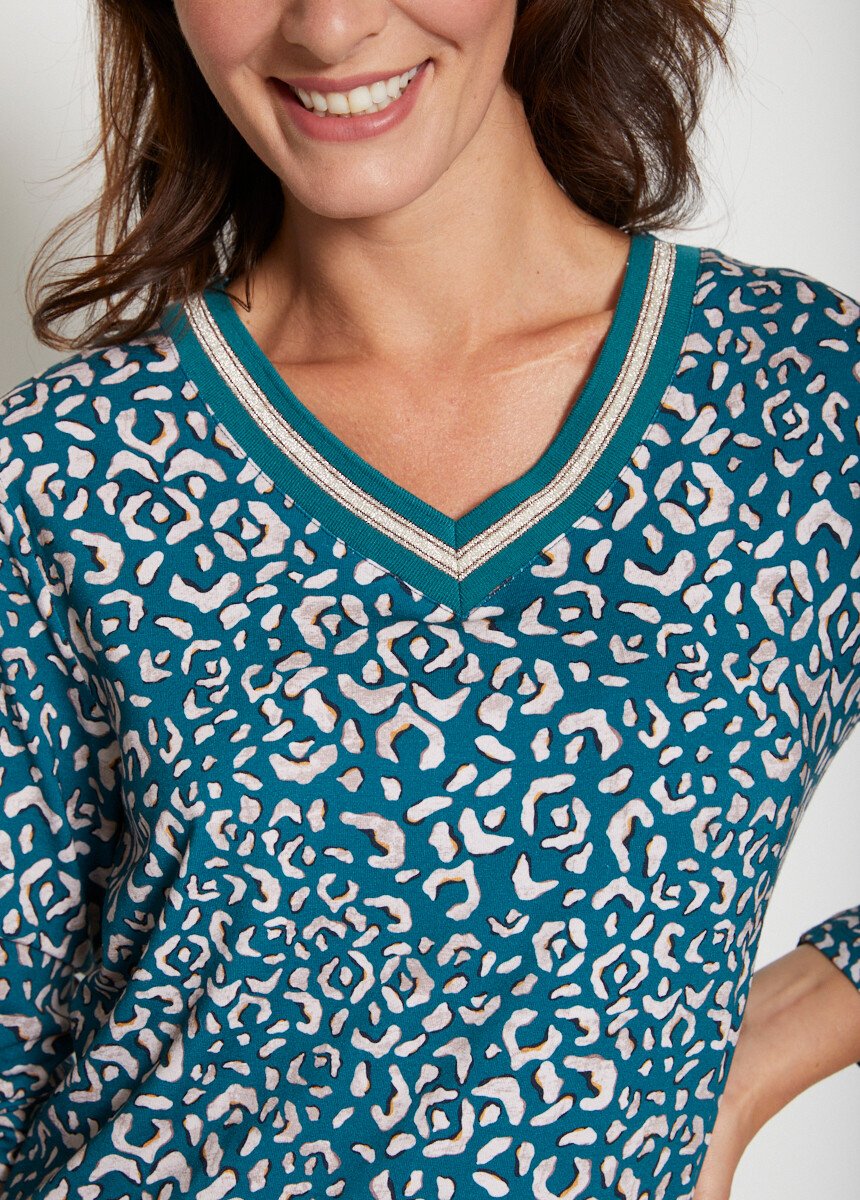T-shirt long imprimé col V galon irisé