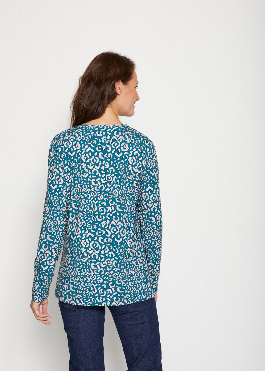 T-shirt long imprimé col V galon irisé