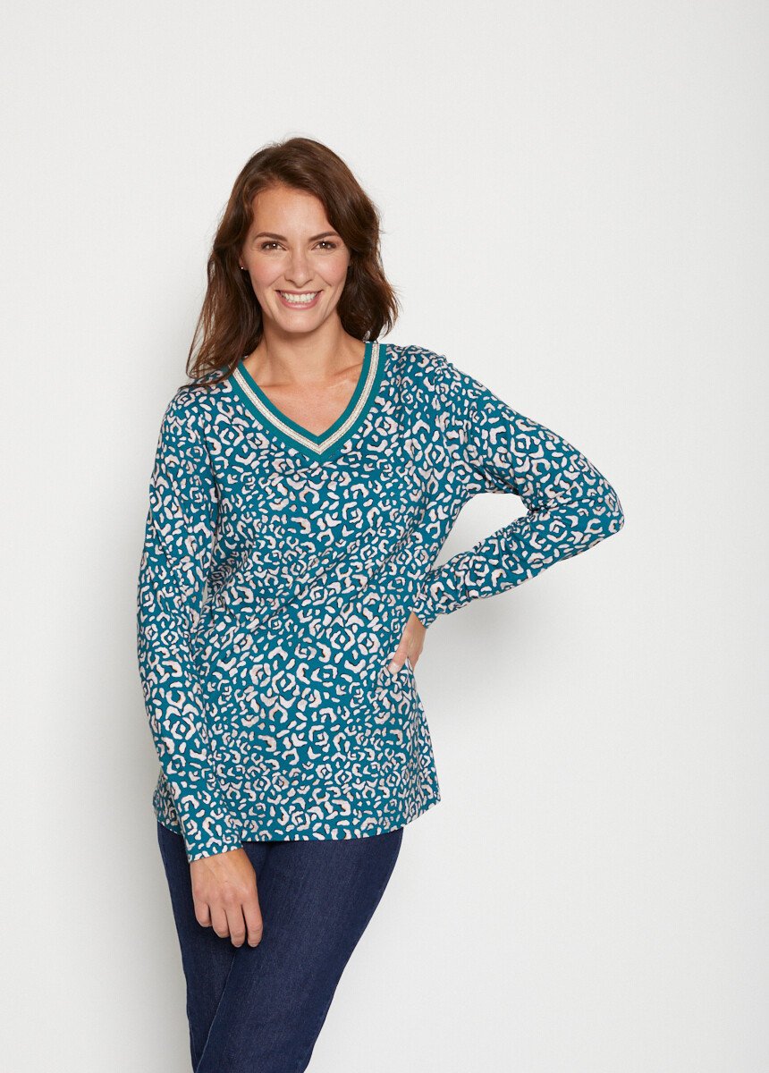 T-shirt long imprimé col V galon irisé