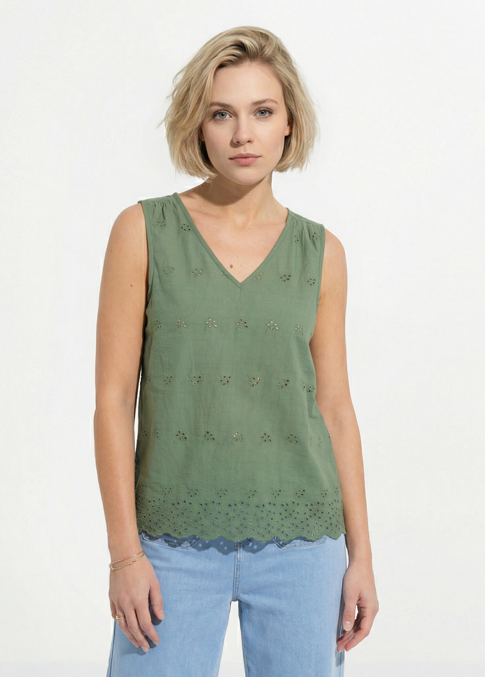 Top débardeur broderie anglaise coton Femme Vert CYLIADE FA1