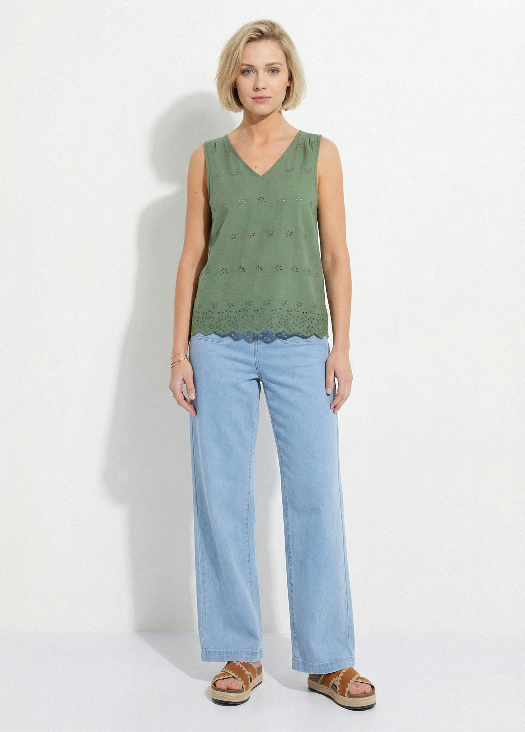 Top débardeur broderie anglaise coton Femme Vert CYLIADE SF1