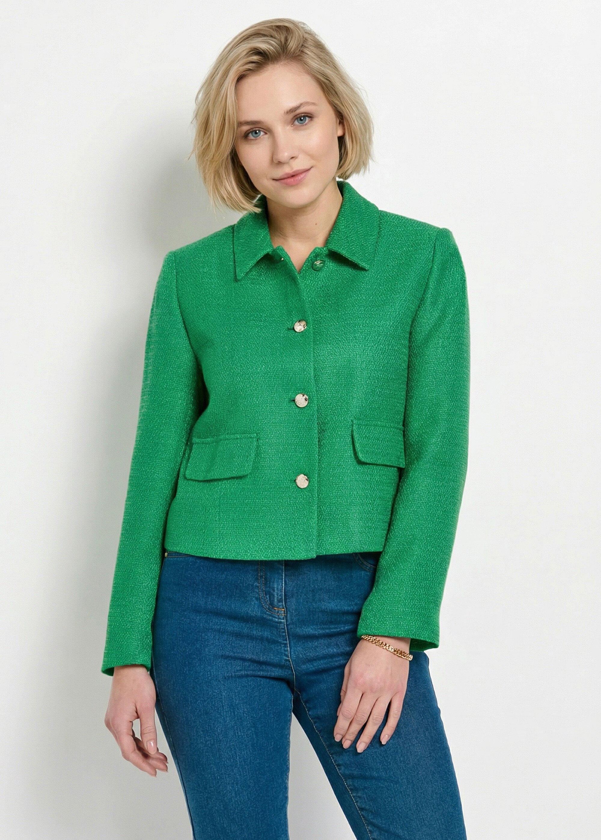 Veste courte droite boutonnée tissu natté uni Femme Vert TONUS FA1