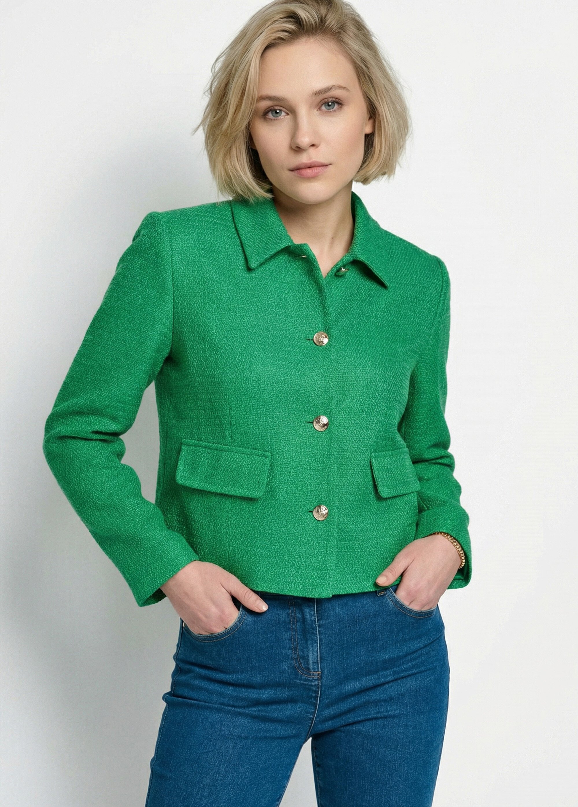 Veste courte droite boutonnée tissu natté uni Femme Vert TONUS MV1