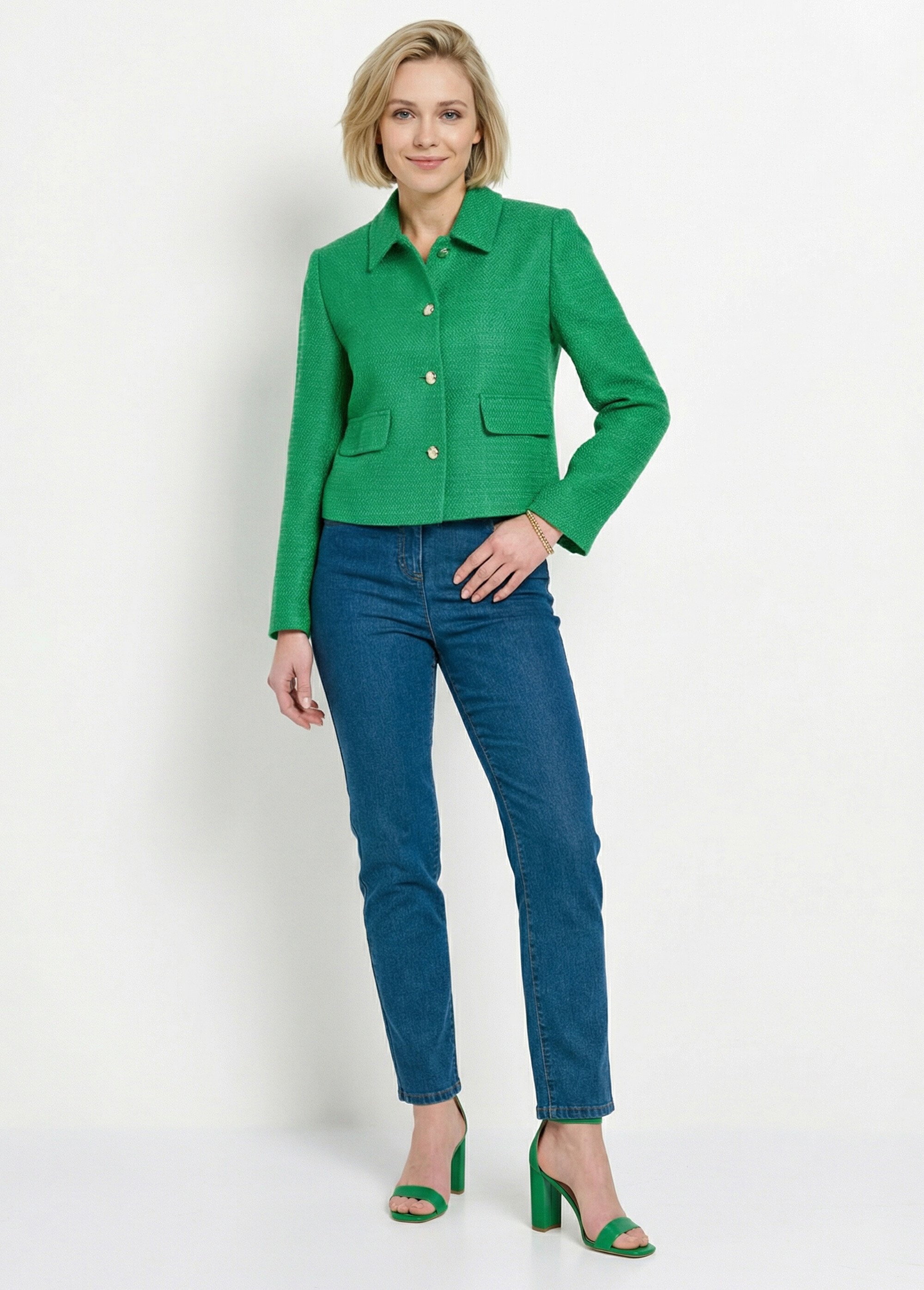 Veste courte droite boutonnée tissu natté uni Femme Vert TONUS SI1