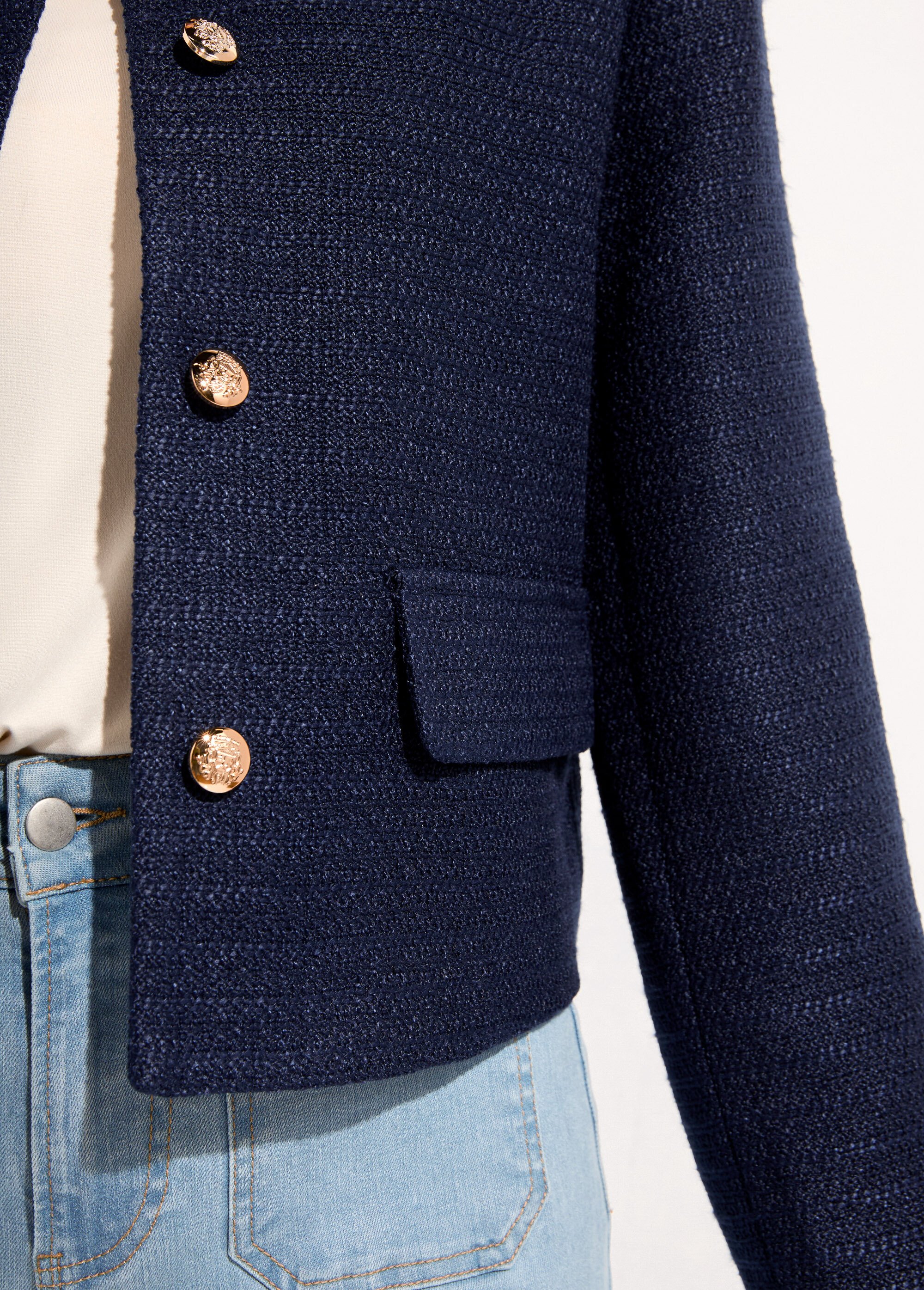 Veste courte droite boutonnée tissu natté uni Femme Bleu TONUS DE2