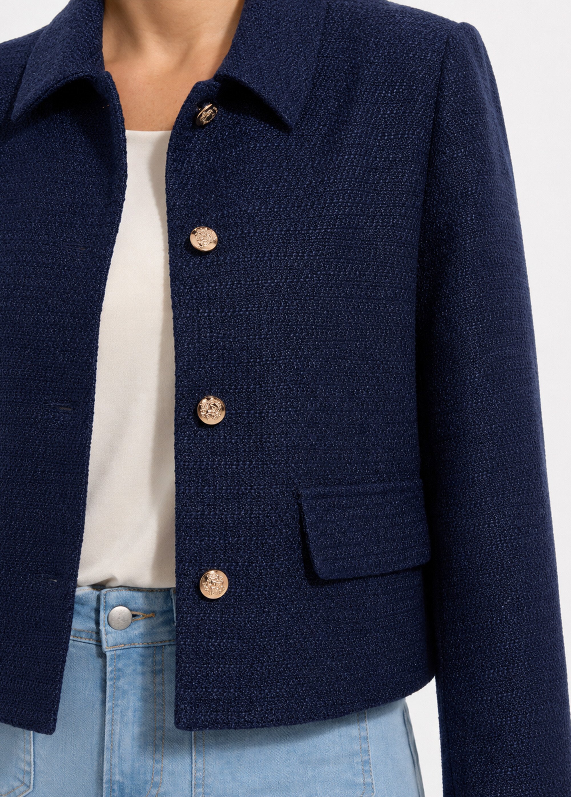 Veste courte droite boutonnée tissu natté uni Femme Bleu TONUS DE2
