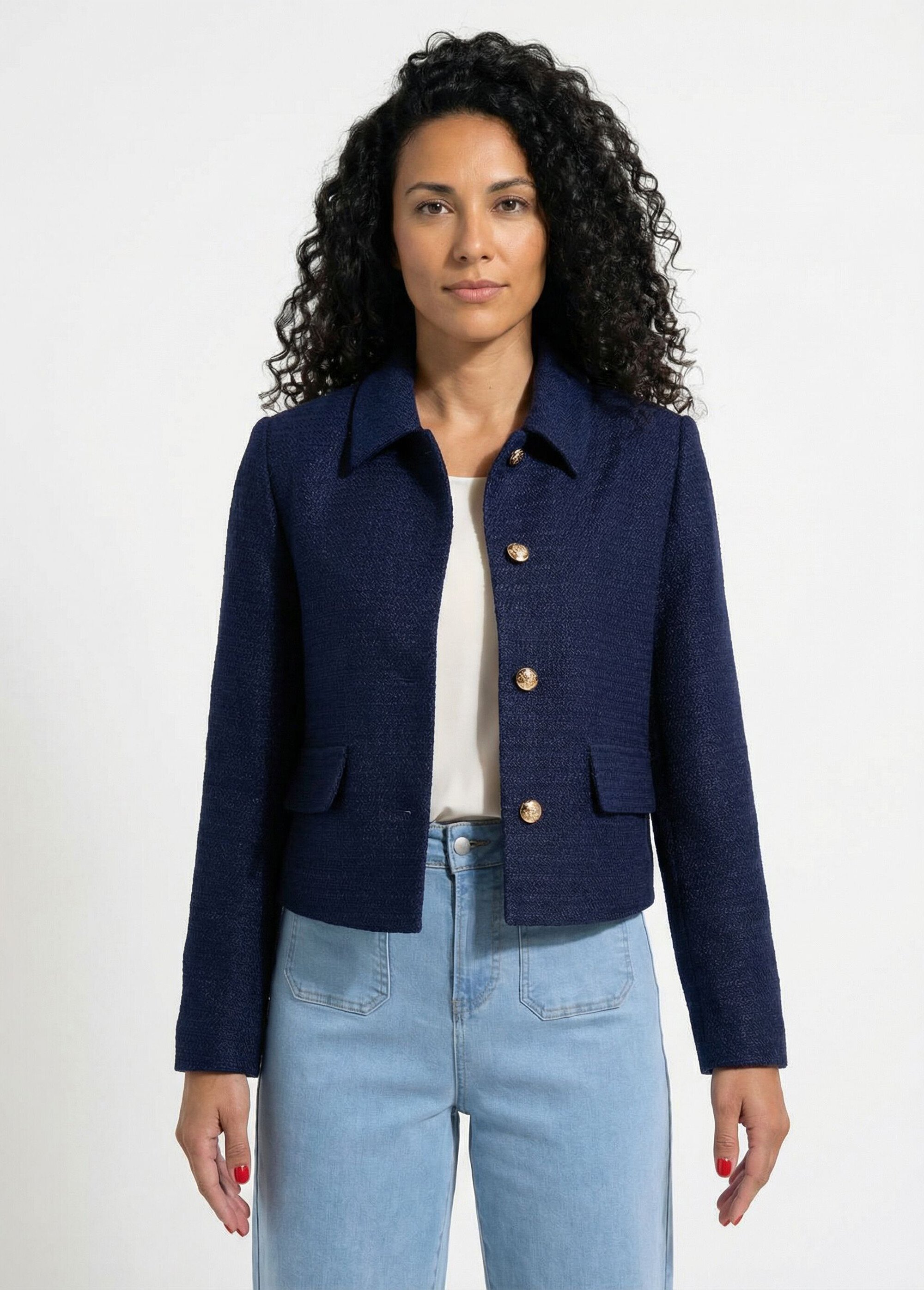 Veste courte droite boutonnée tissu natté uni Femme Bleu TONUS FA1