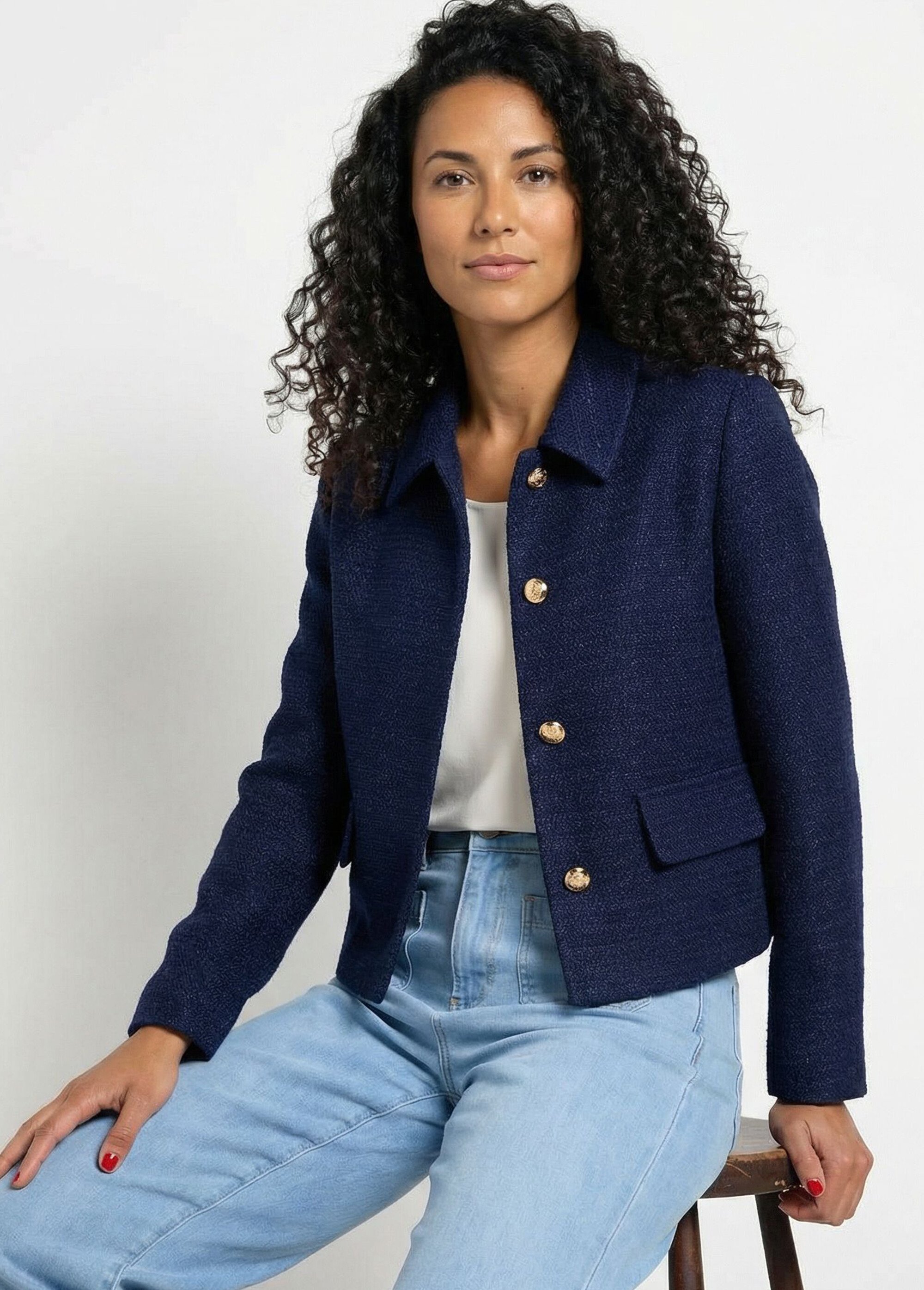 Veste courte droite boutonnée tissu natté uni Femme Bleu TONUS MV1