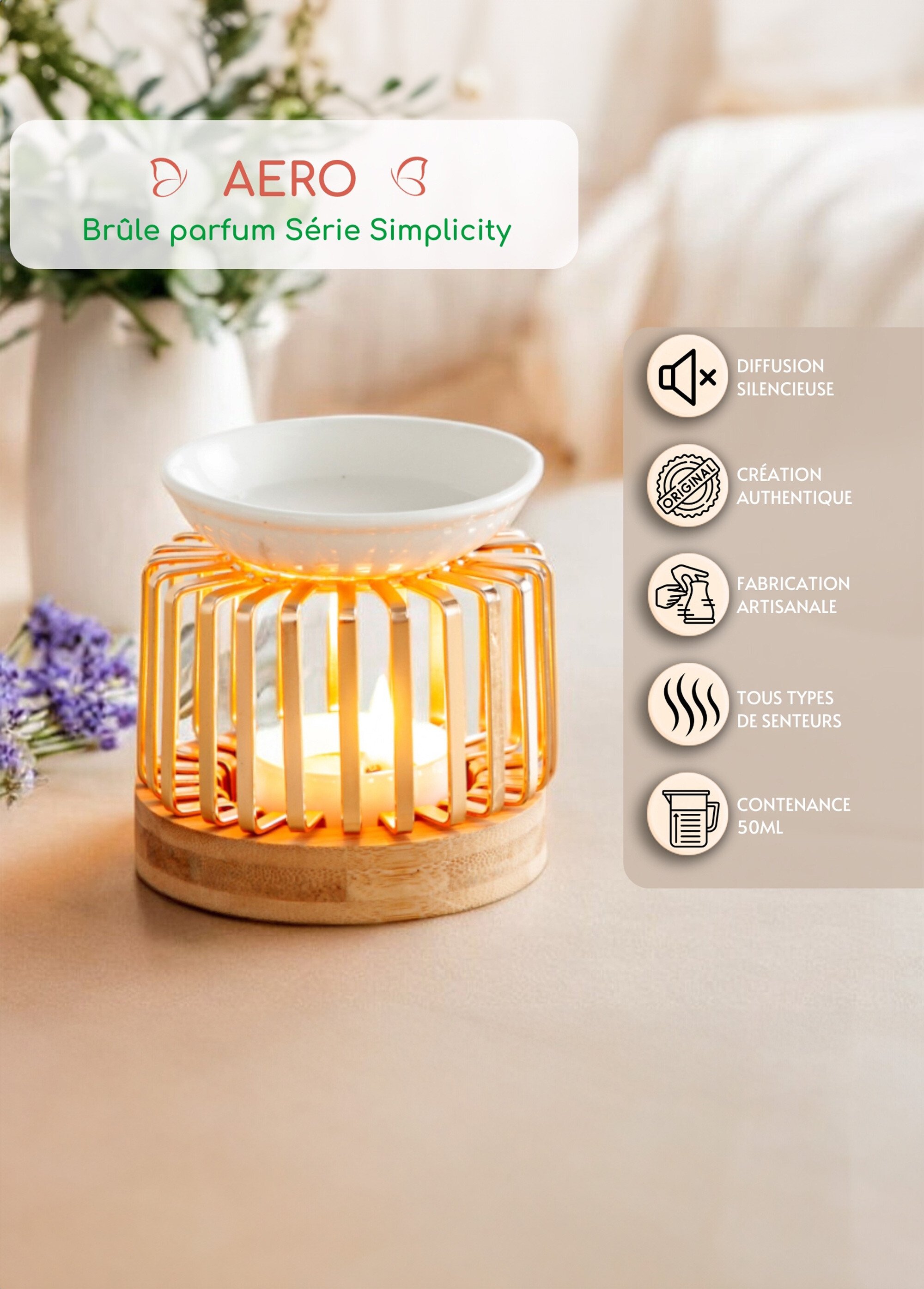Brûle-parfum céramique + support métal Beige ZENAERO DE3