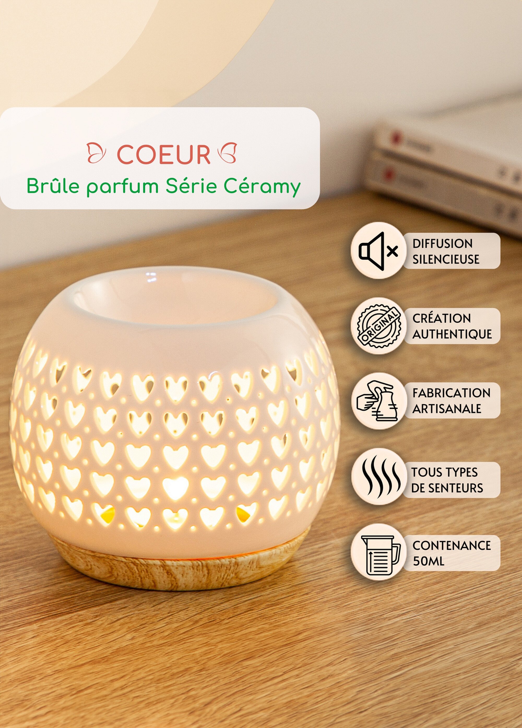 Brûle-parfum céramique, motif cœurs Blanc ZENCOEUR DE2