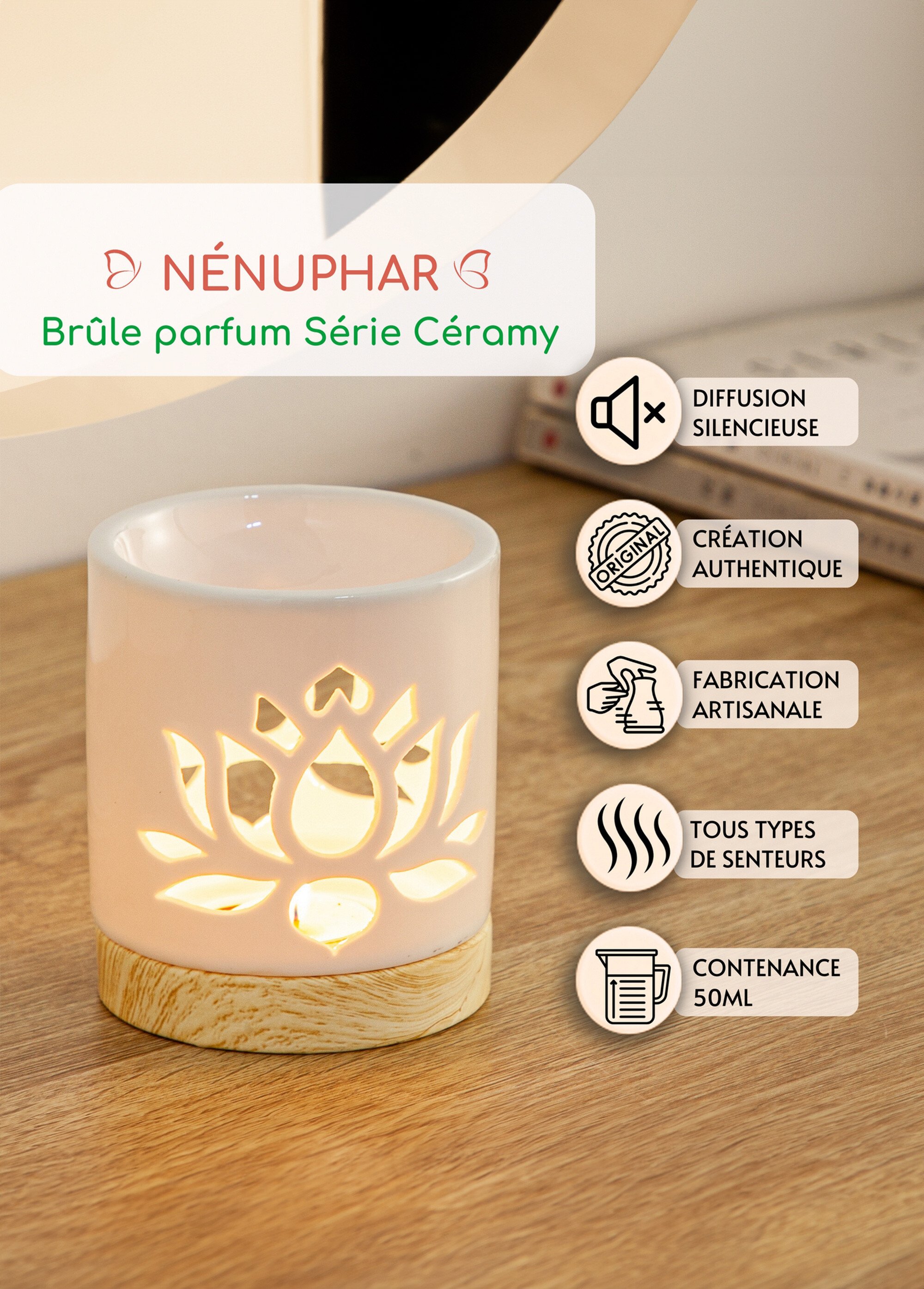 Brûle-parfum céramique motif nénuphar Blanc ZENNENUPHAR DE3