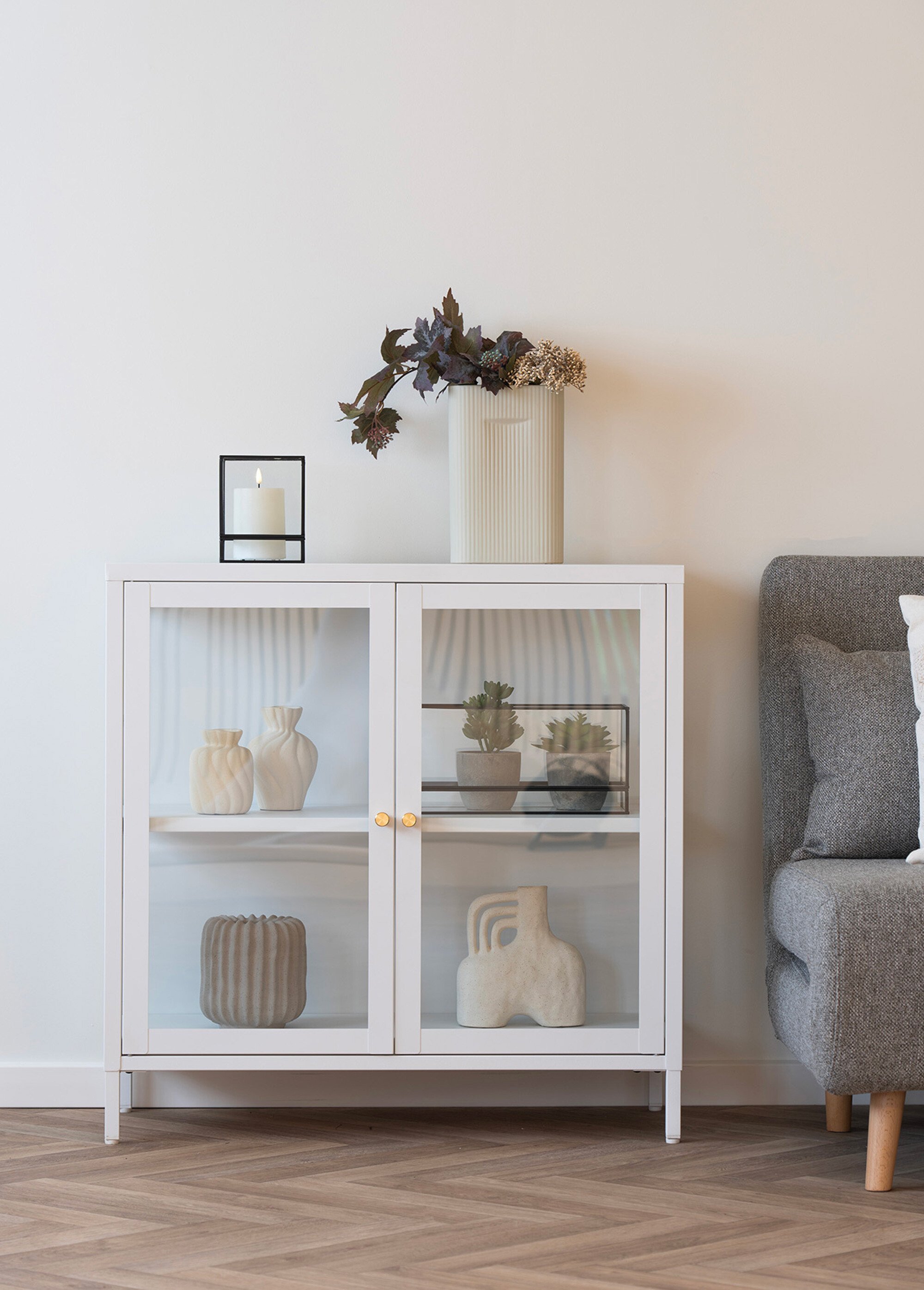 Buffet moderne 2 portes vitrées, clair BLANC HN-3003016 SI1