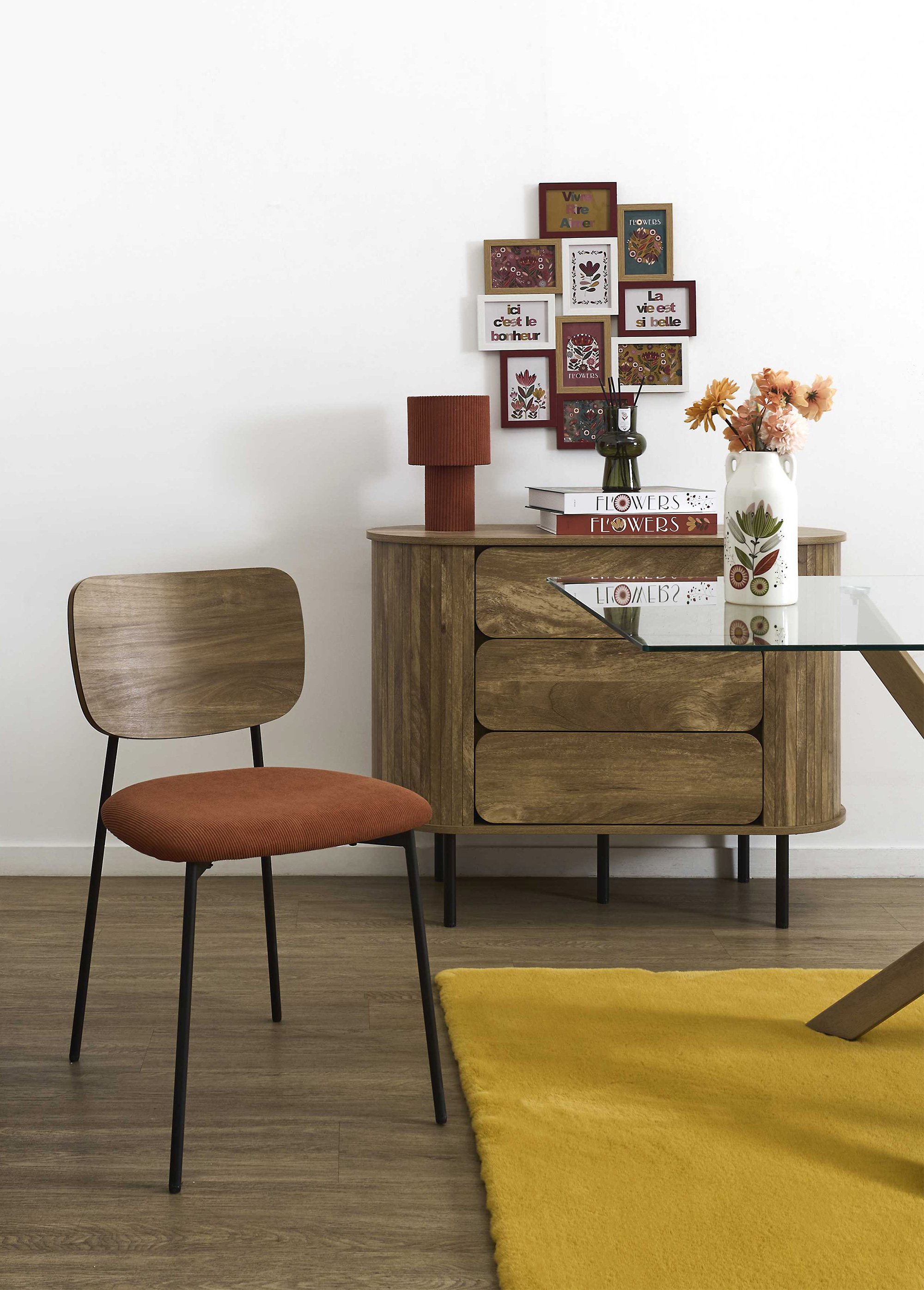 Chaise en velours et aspect bois JULES ORANGE CMP-HD7894 AM1
